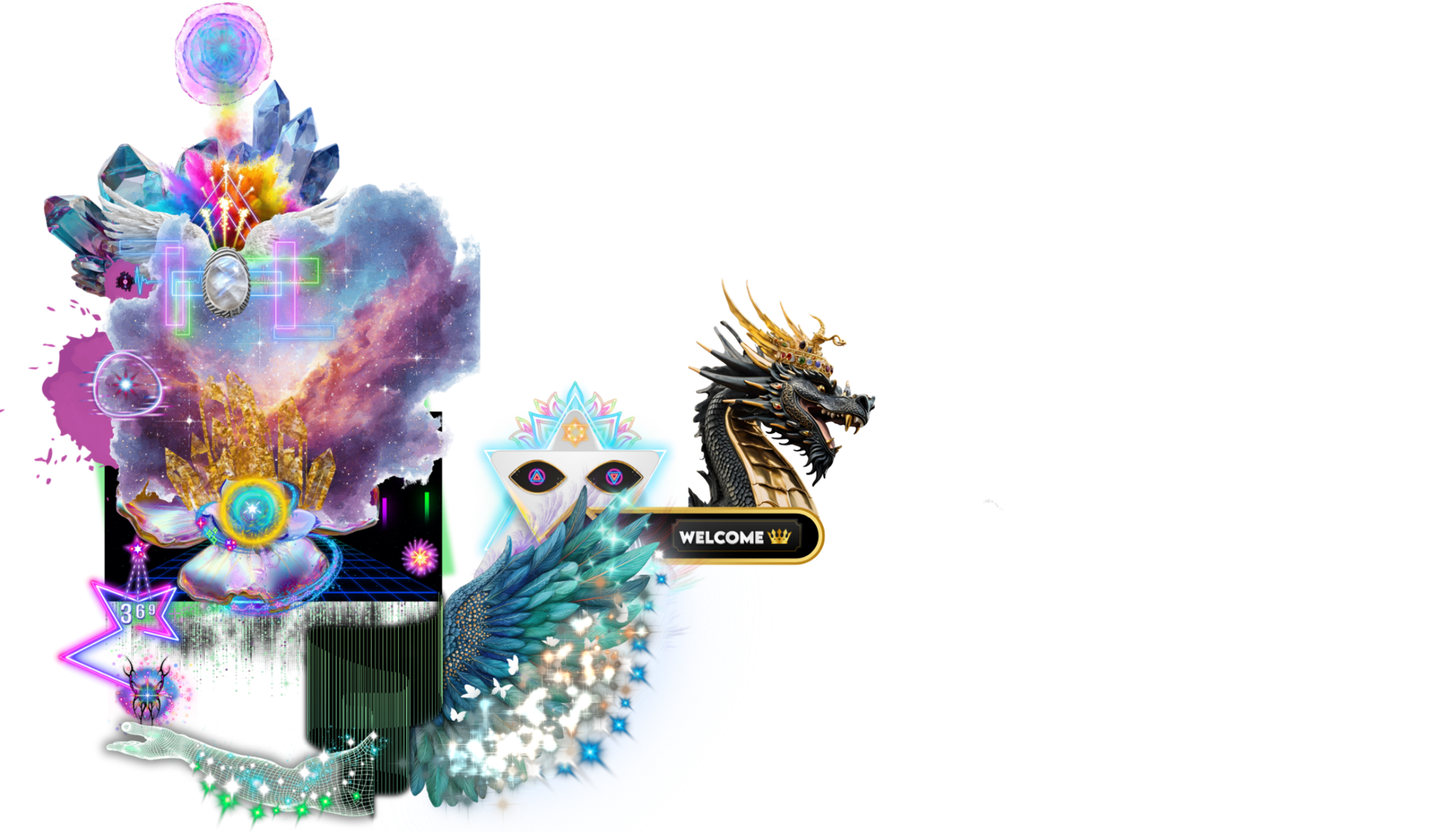 Surreal digital collage featuring a golden dragon, crystals, and mystical symbols on a black background.