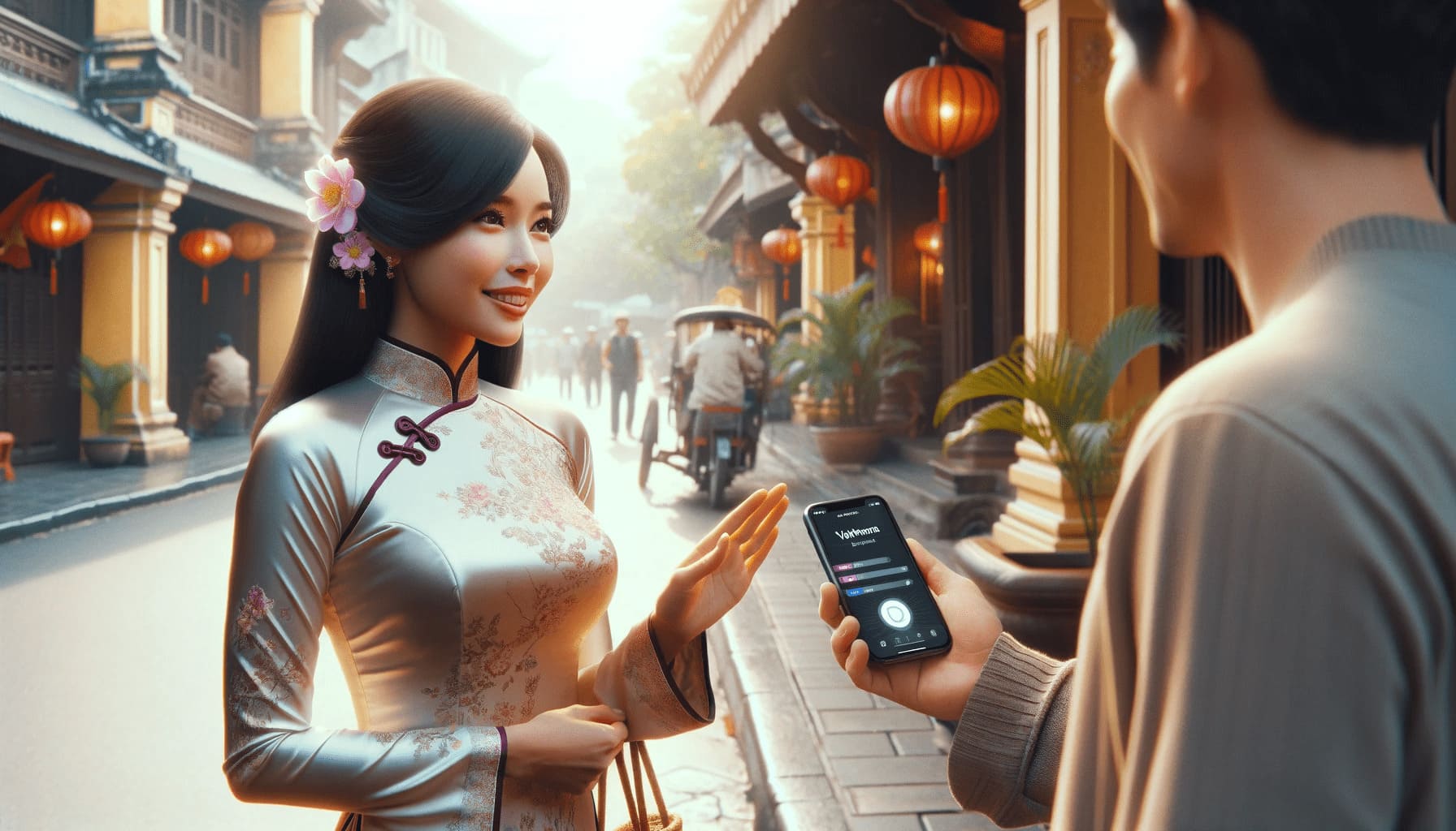 a traveler interacting with locals using an AI translation app