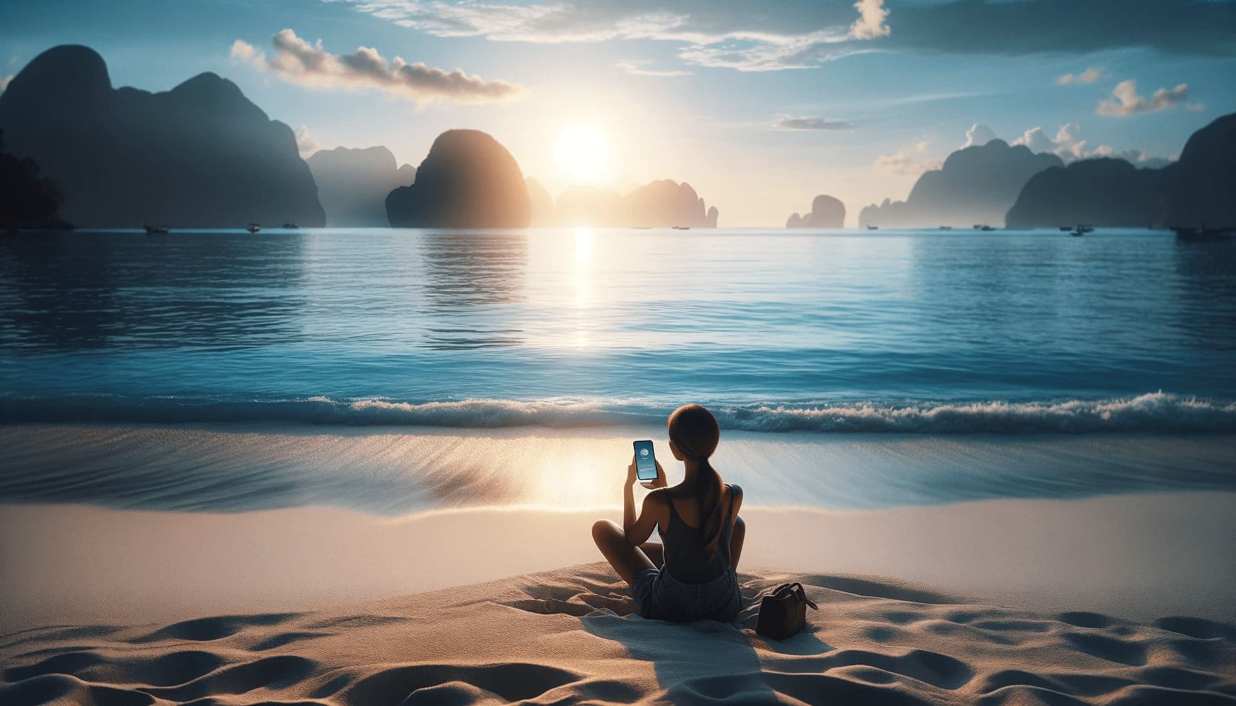 A serene landscape with a traveler using a AI wellness app on their smartphone