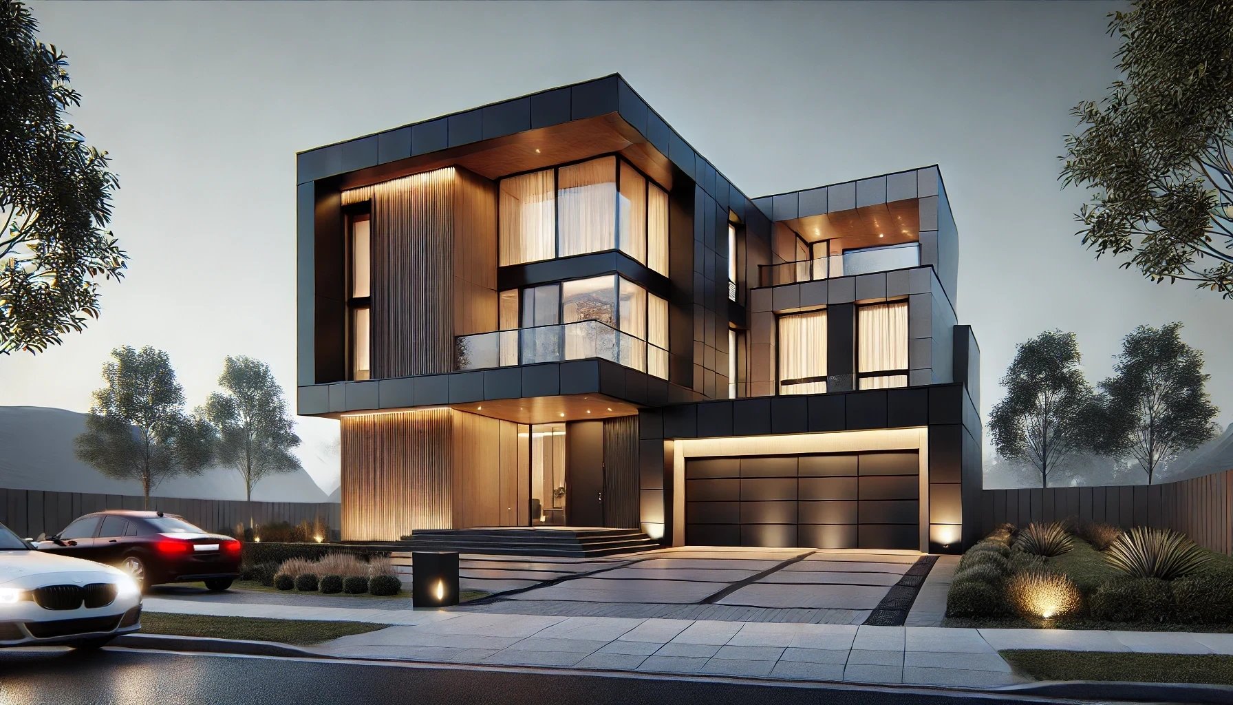 Fachada moderna de residência de luxo com design arquitetônico contemporâneo, grandes janelas de vid