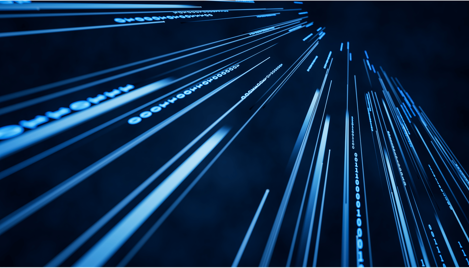 Dunkelblauer Hintergrund mit 'Nullen' und 'Einsen' in hellblau. 