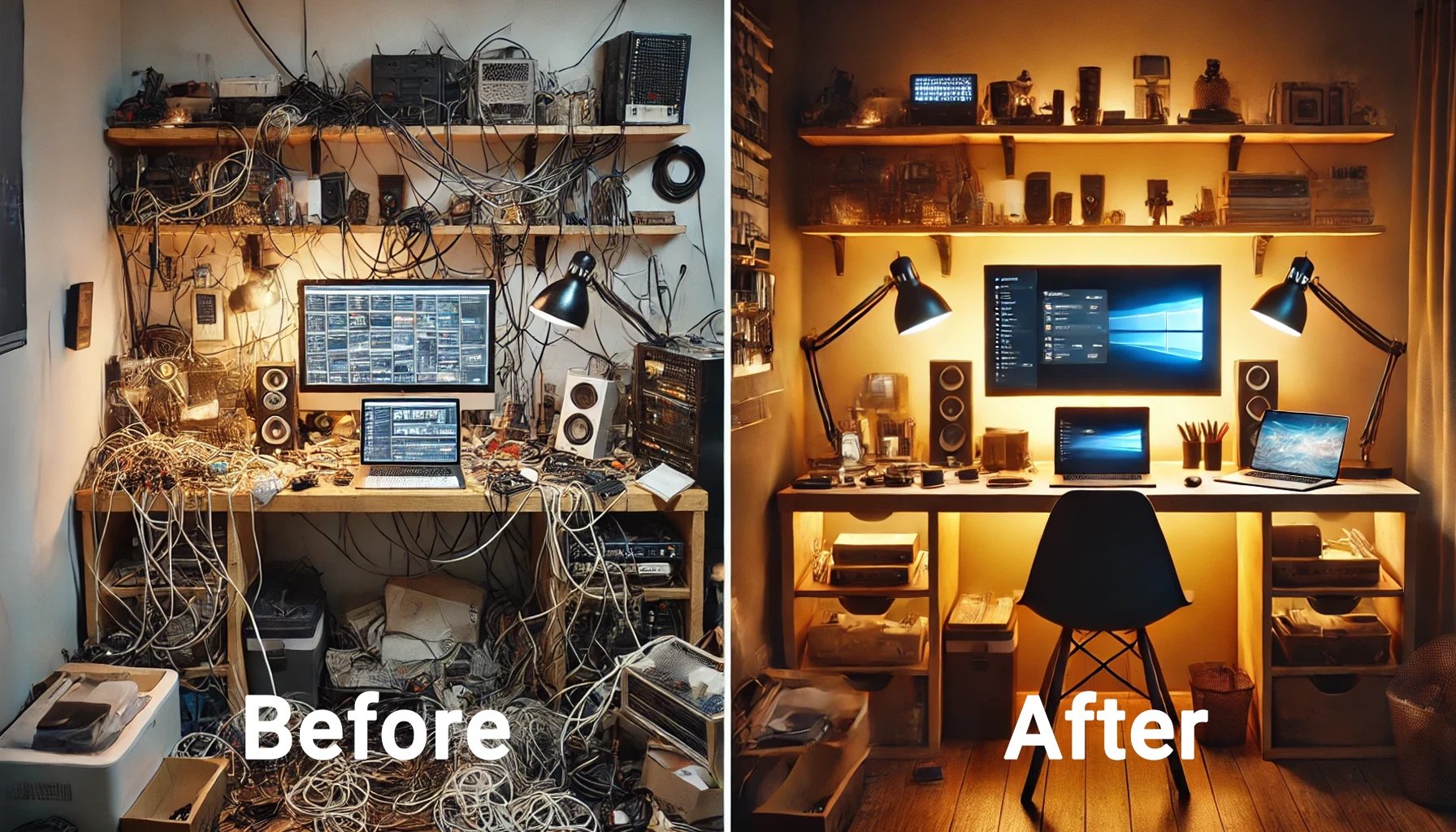 Before and after cable management at computer desk. PC cleanup and tidy tech help in Cedar Rapids.
