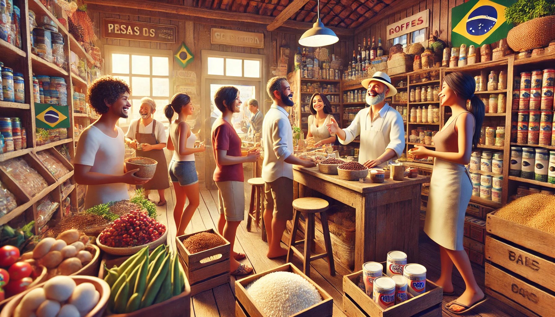mercearia com muitos clientes contentes e itens diversos