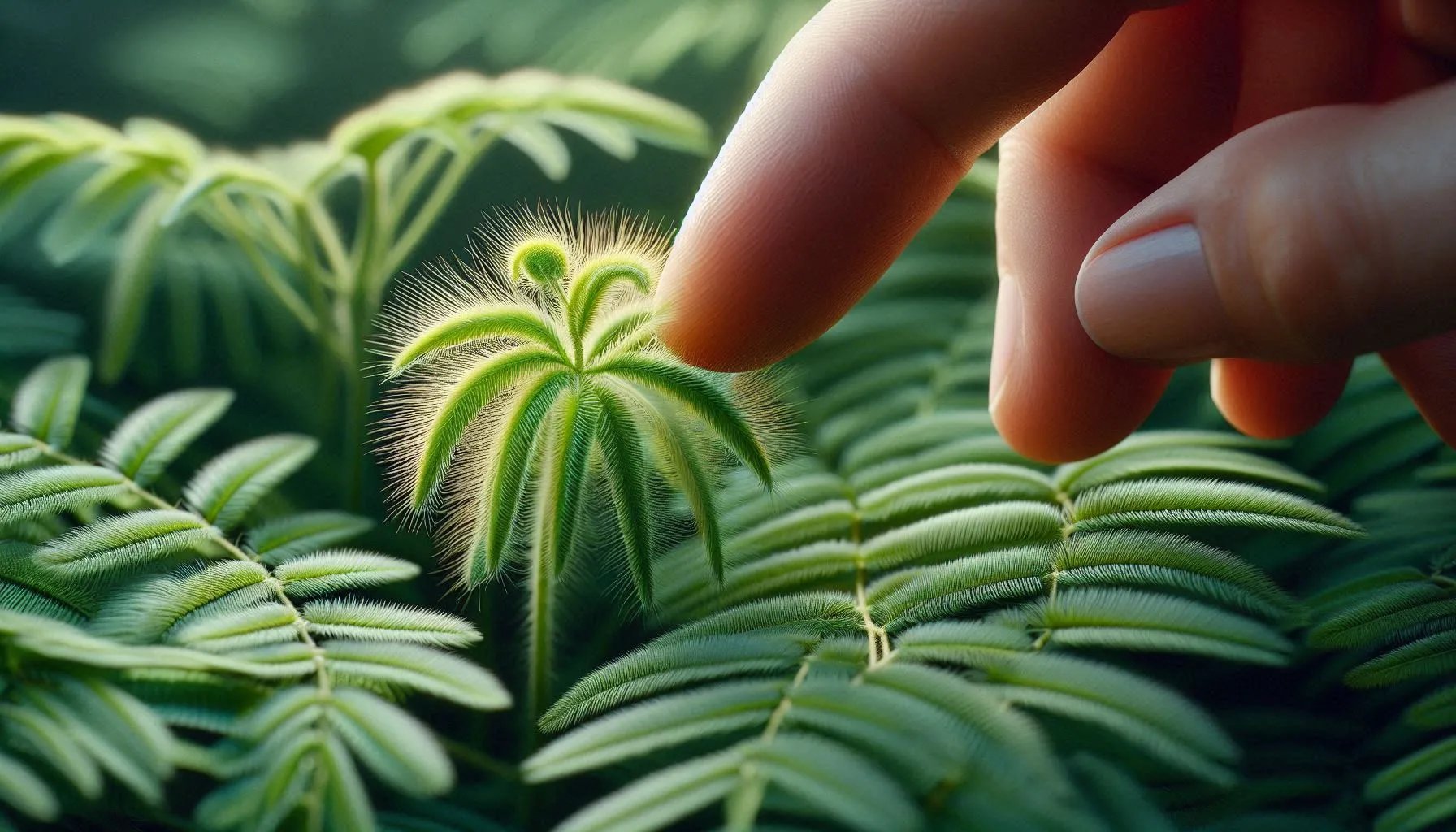Planta Mimosa Pudica cerrando sus hojas al tacto de un dedo.