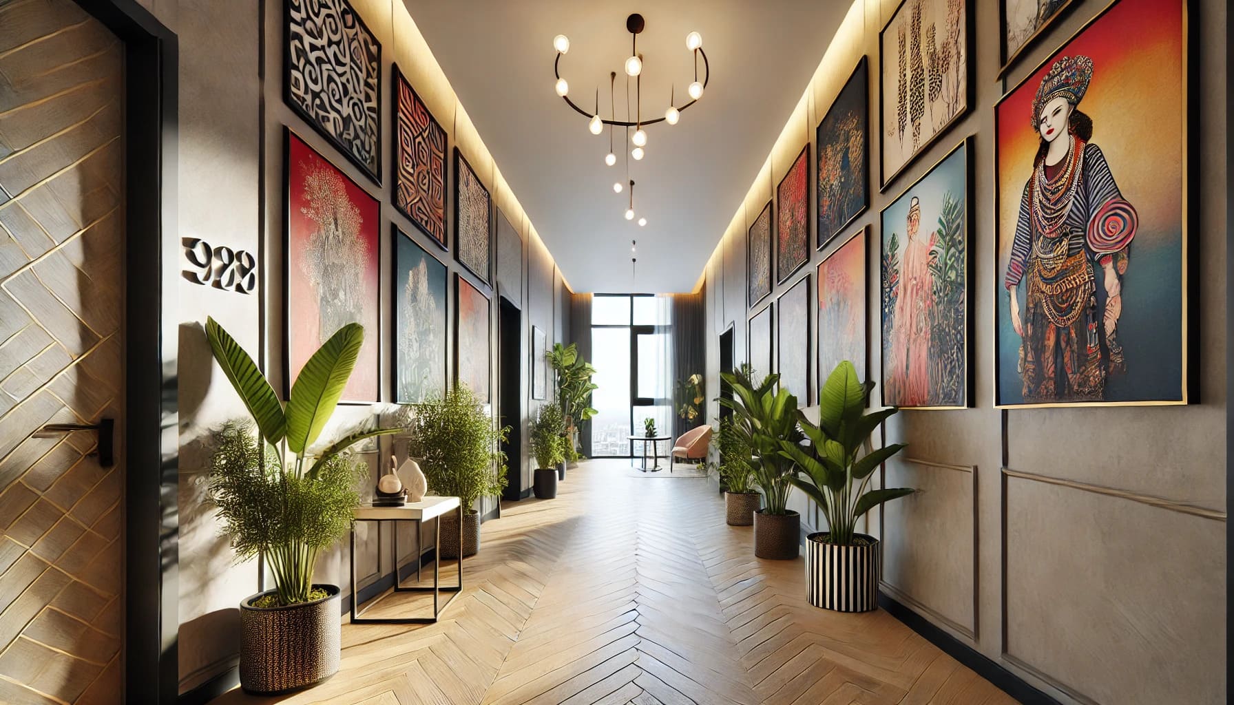 Corredor decorado com quadros coloridos nas paredes, plantas e iluminação suave, criando um ambiente