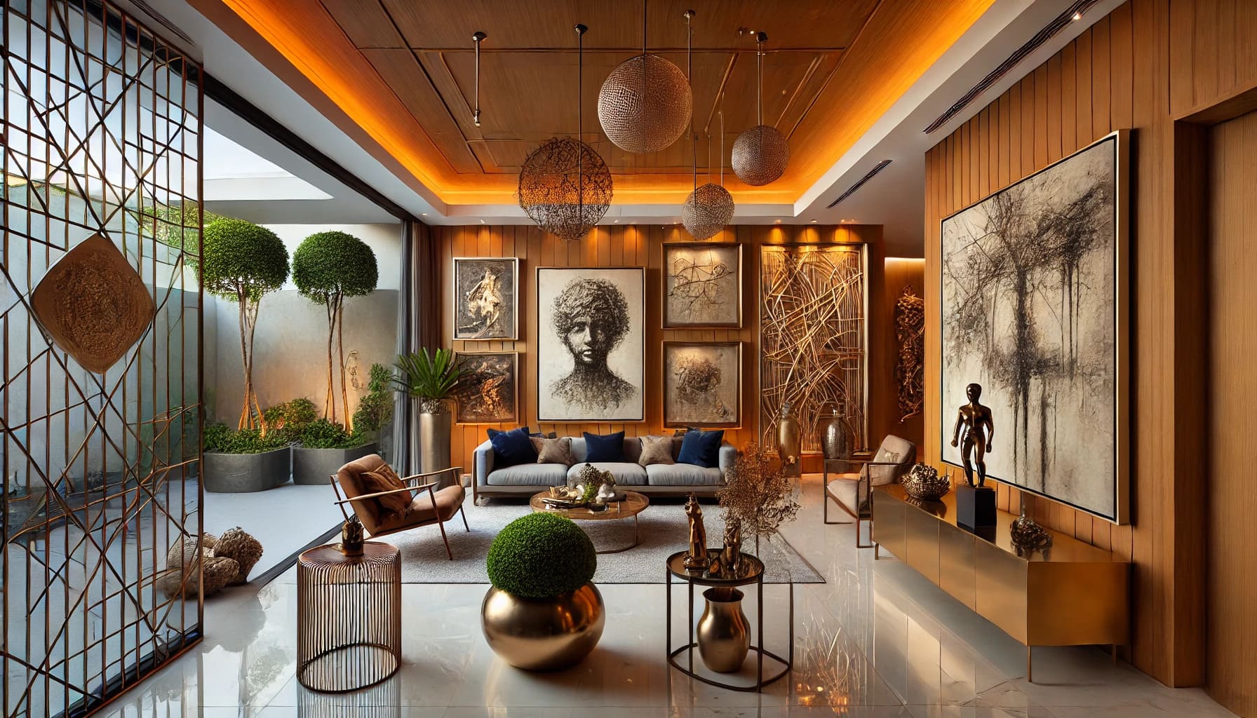 Varanda decorada com obras de arte contemporâneas, incluindo uma escultura metálica, quadros abstrat