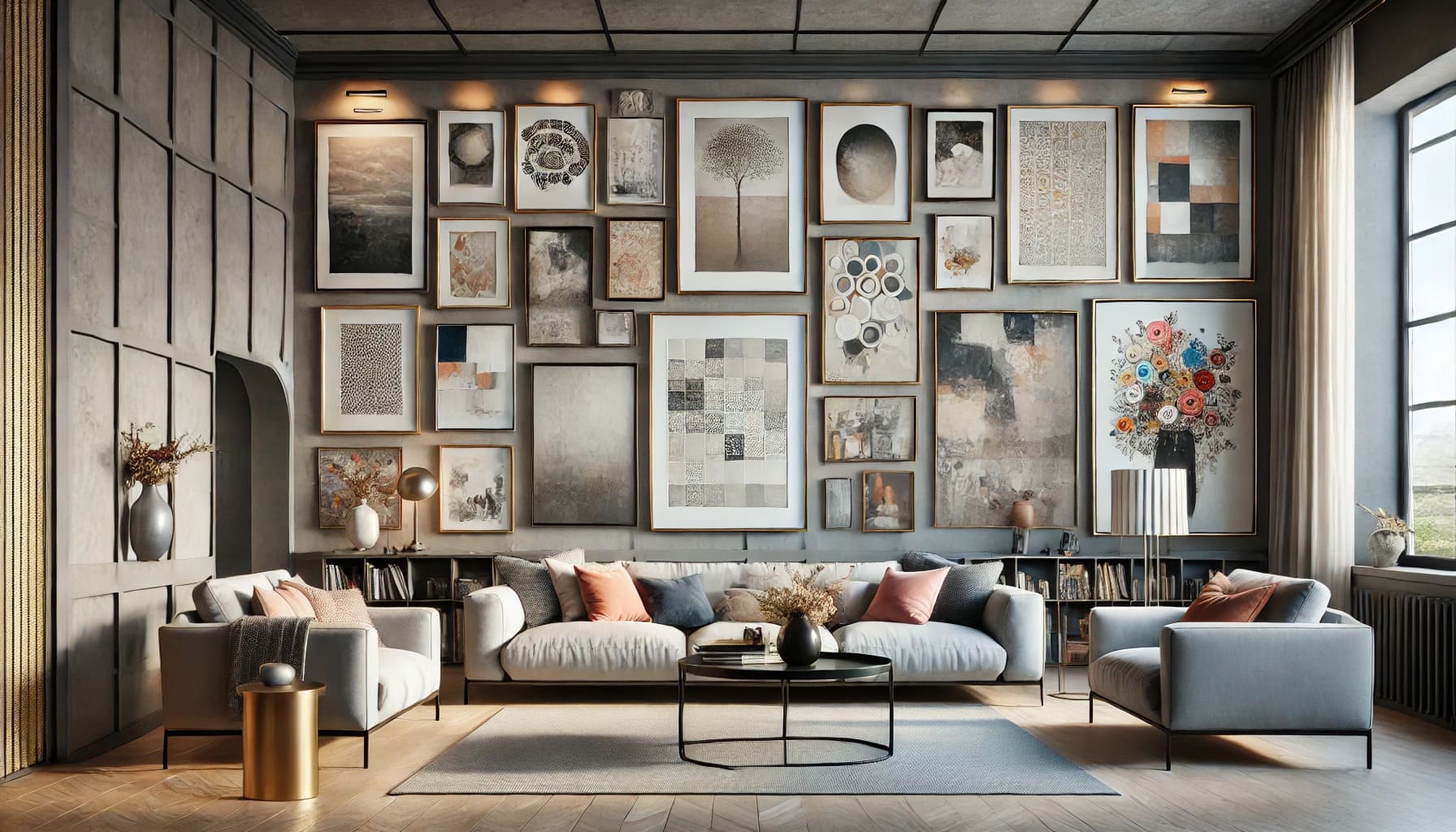 Galeria wall em uma sala de estar contemporânea com obras de arte emolduradas, sofá moderno, mesa