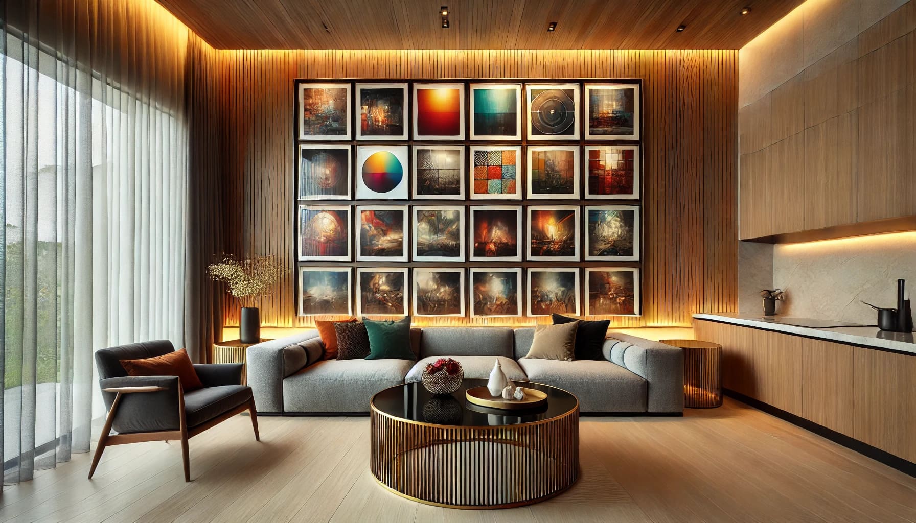 Sala de estar moderna com galeria de quadros coloridos na parede principal, sofá cinza, mesa de cent