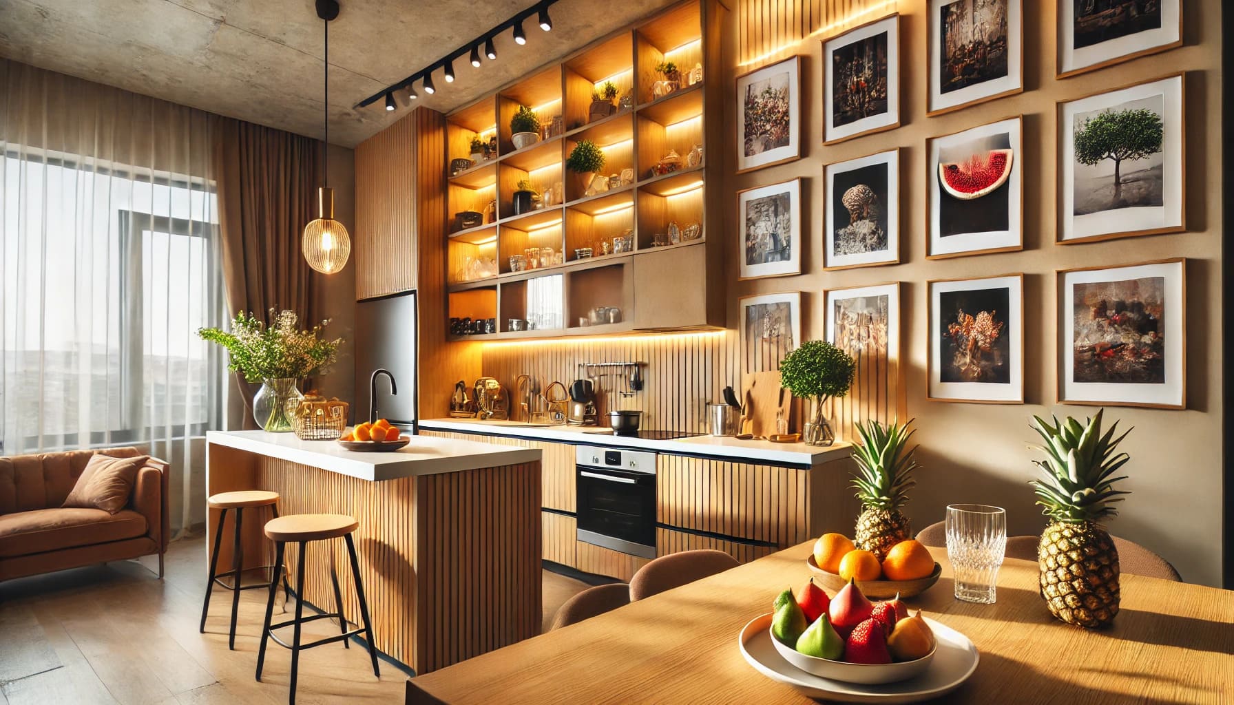 Cozinha moderna com armários de madeira, bancada branca e pequenas obras de arte vibrantes na parede