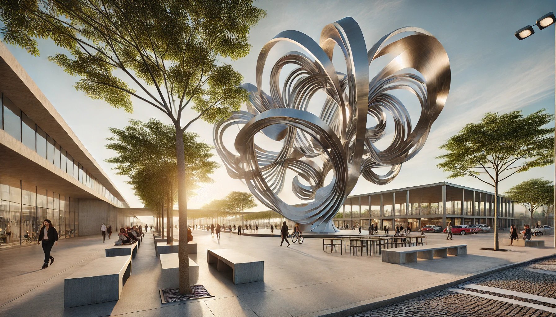 Praça urbana com escultura em aço.