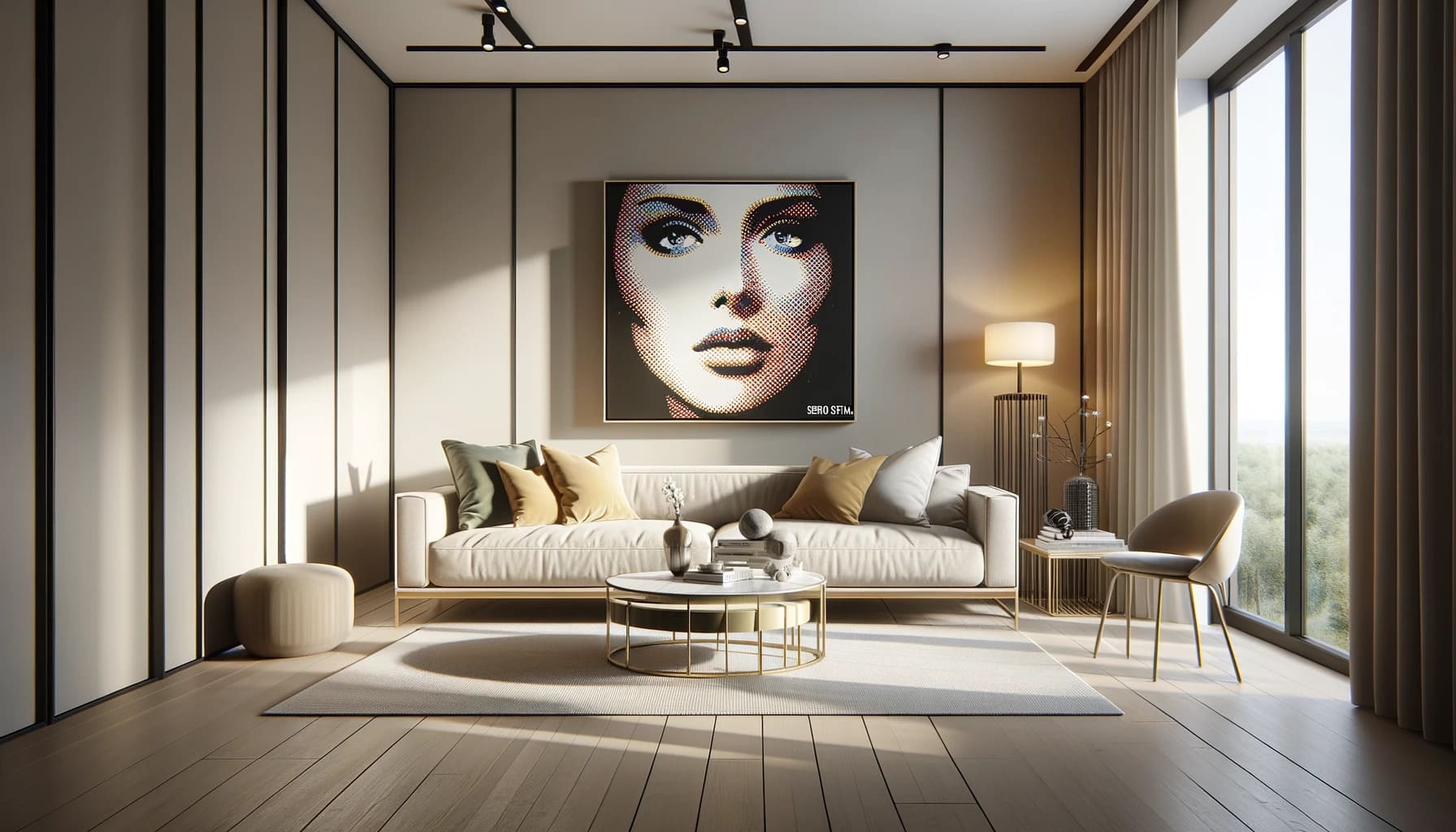 Sala com um quadro de uma mulher em Pop-Art.