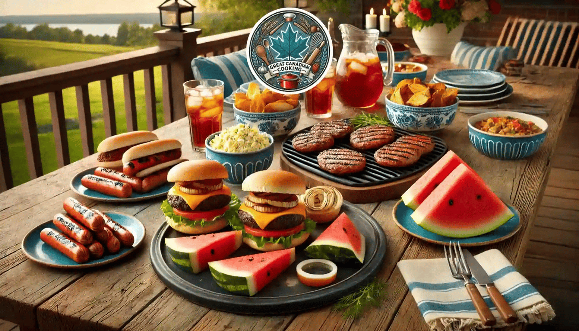 Burgers, hot dogs, iced tea, and watermelon on a rustic deck table set for a Canadian summertime bbq