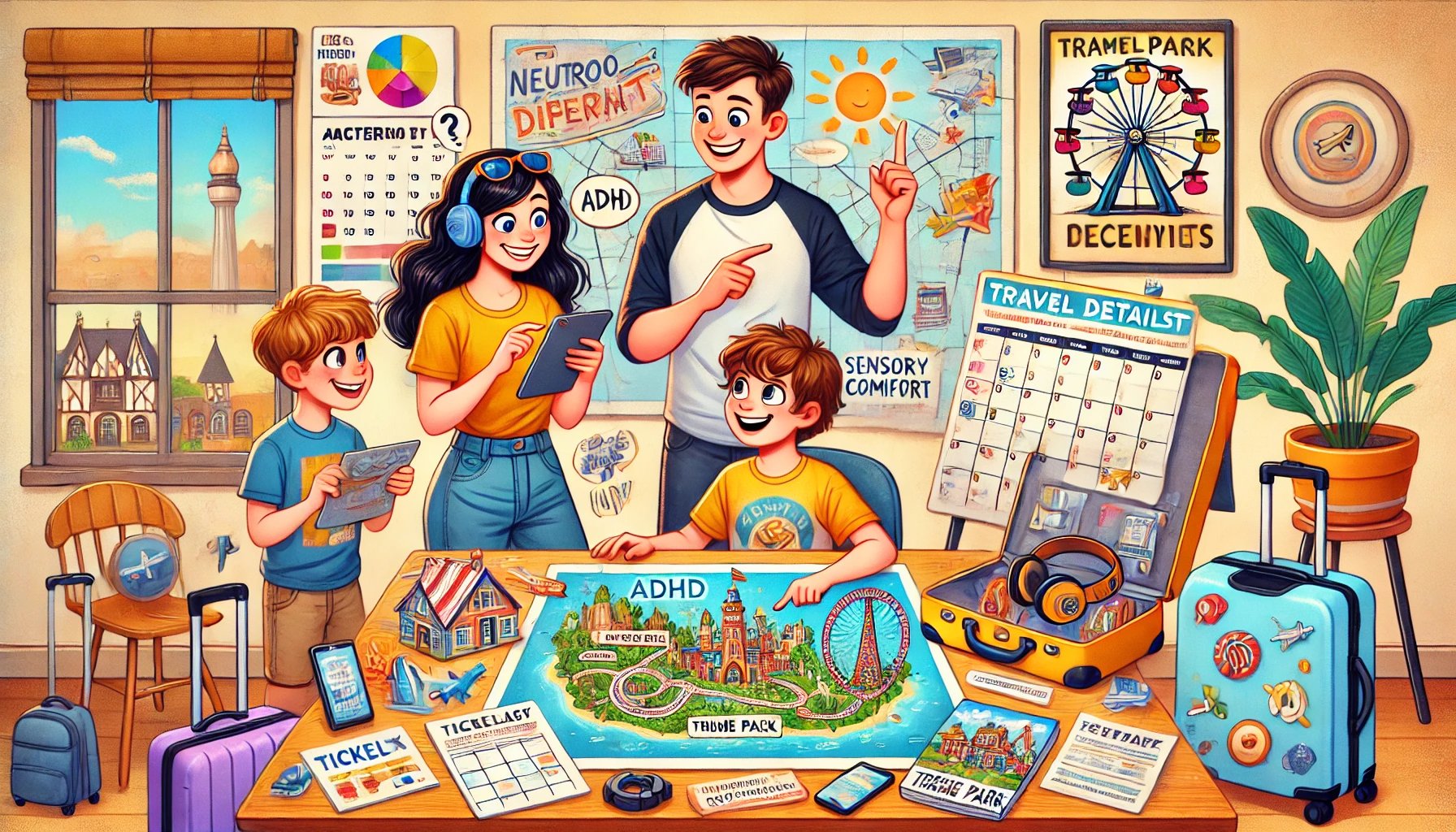 Familia Neurodivergente preprando el viaje aun parque temático.