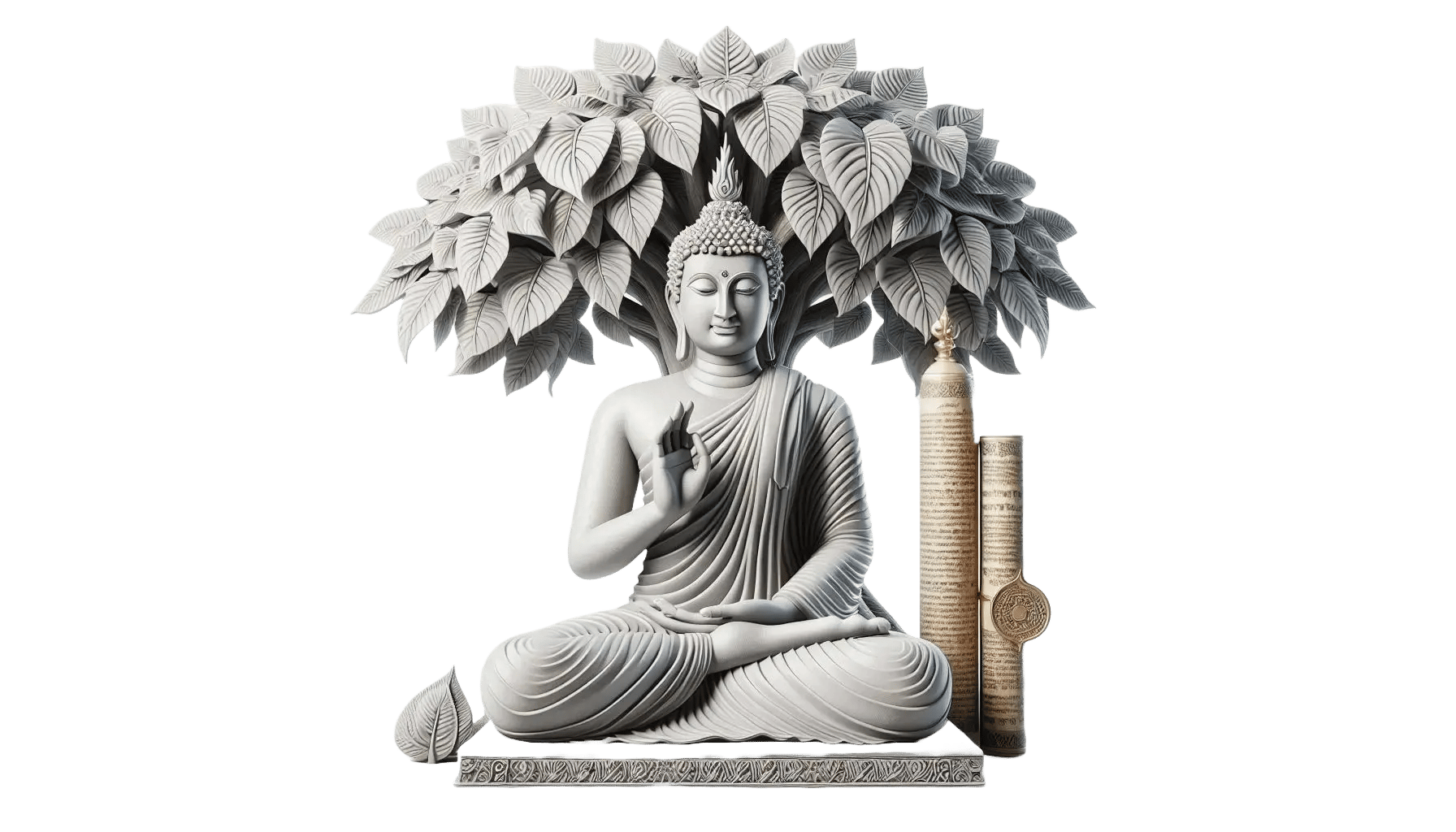 भगवान बुद्ध ध्यान में, बोधि वृक्ष के नीचे त्रिपिटक ग्रंथ के साथ