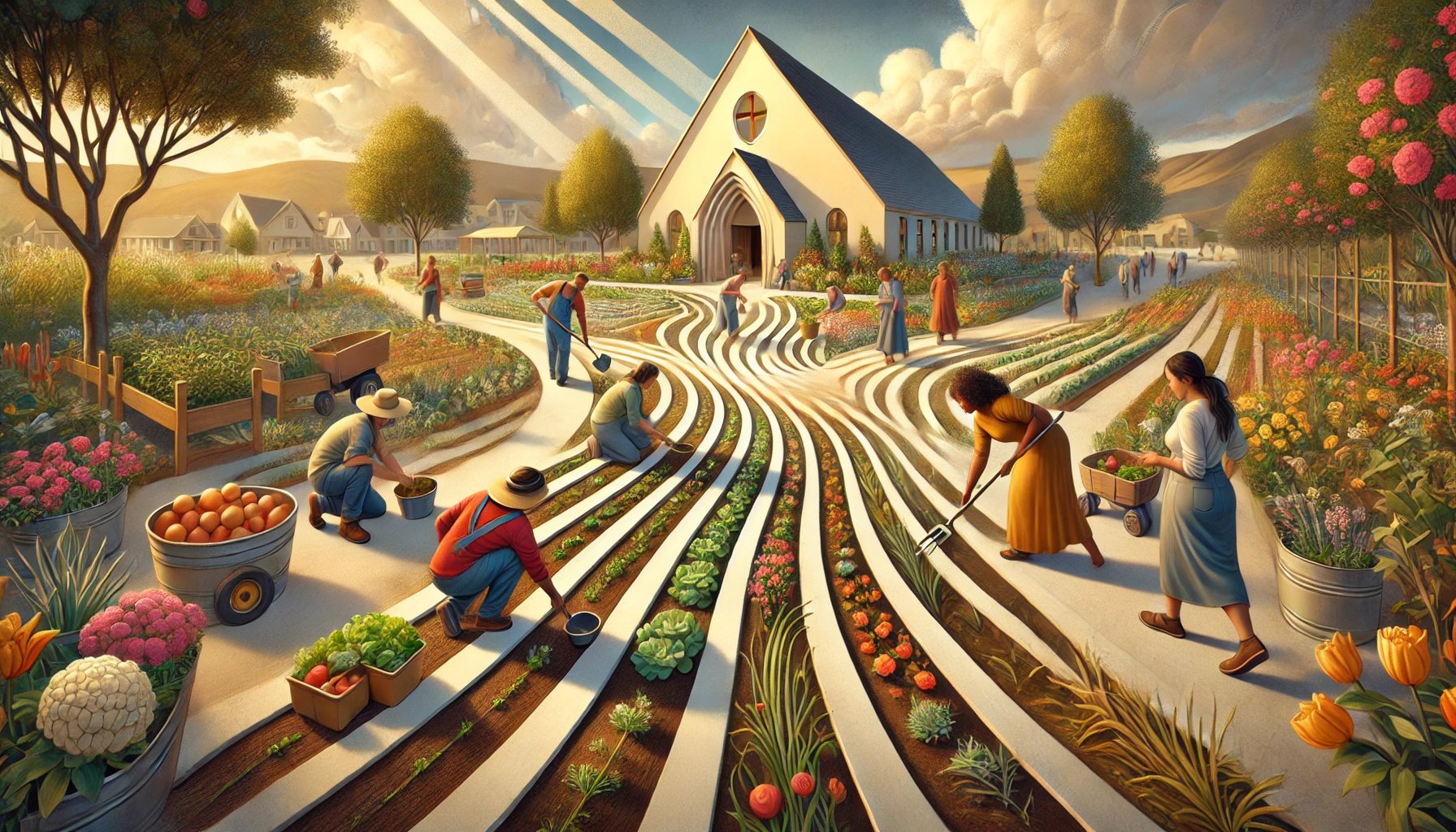 Uma comunidade acolhedora, com pessoas de diferentes idades e etnias trabalhando juntas em Fé cristã