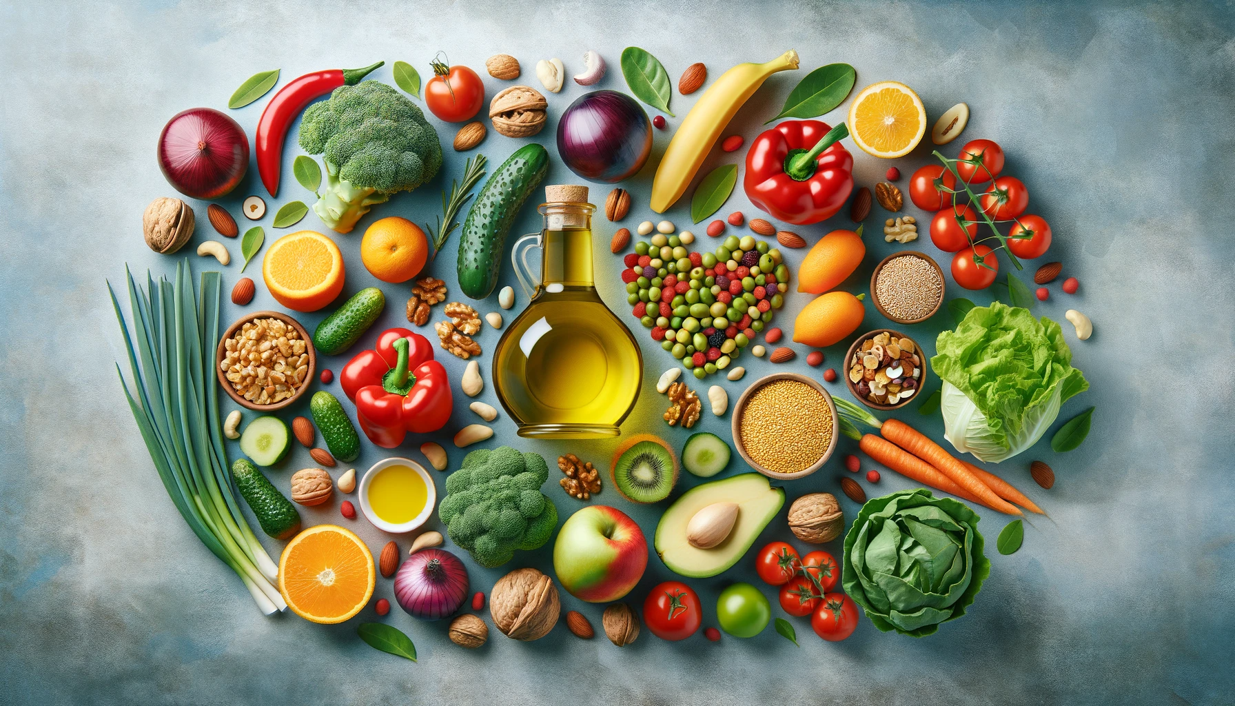 a circle of fruits and vegetables with a bottle of olive oil