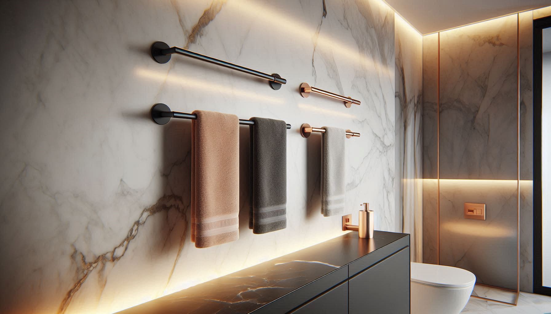 a bathroom with a marbled wall adorned by heated towel rails in a range of finishes