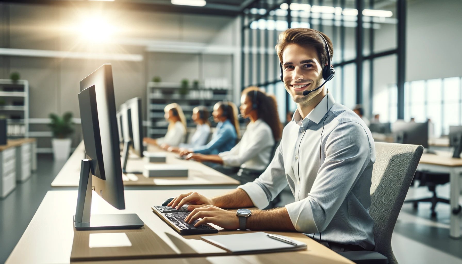 Representante de ajuda remota alegre por ajudar