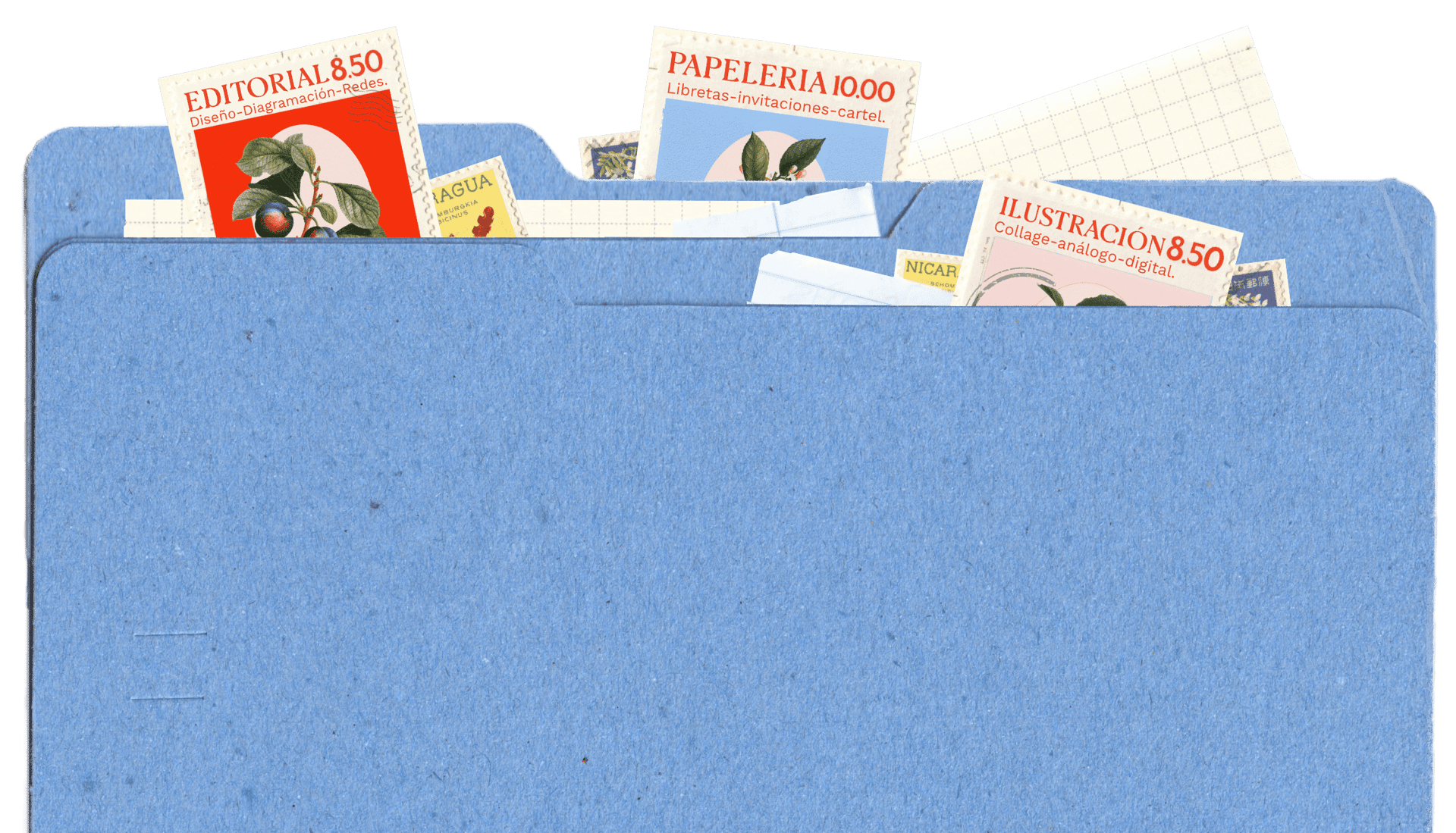 carpeta azul con papeles y estampillas