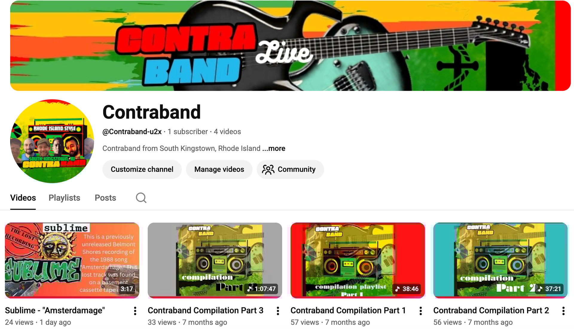 YouTube channel homepage for Contraband, a band from South Kingstown, Rhode Island, featuring music compilation videos.