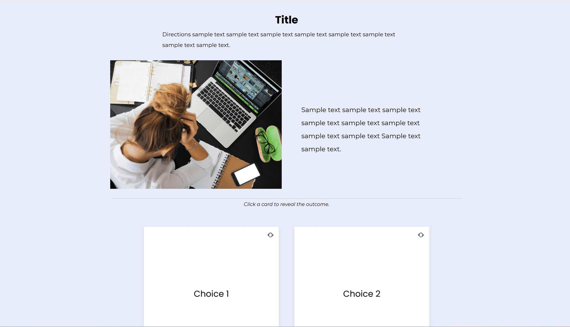 Scenario sample 1 of image with text description and 2 choice flip cards