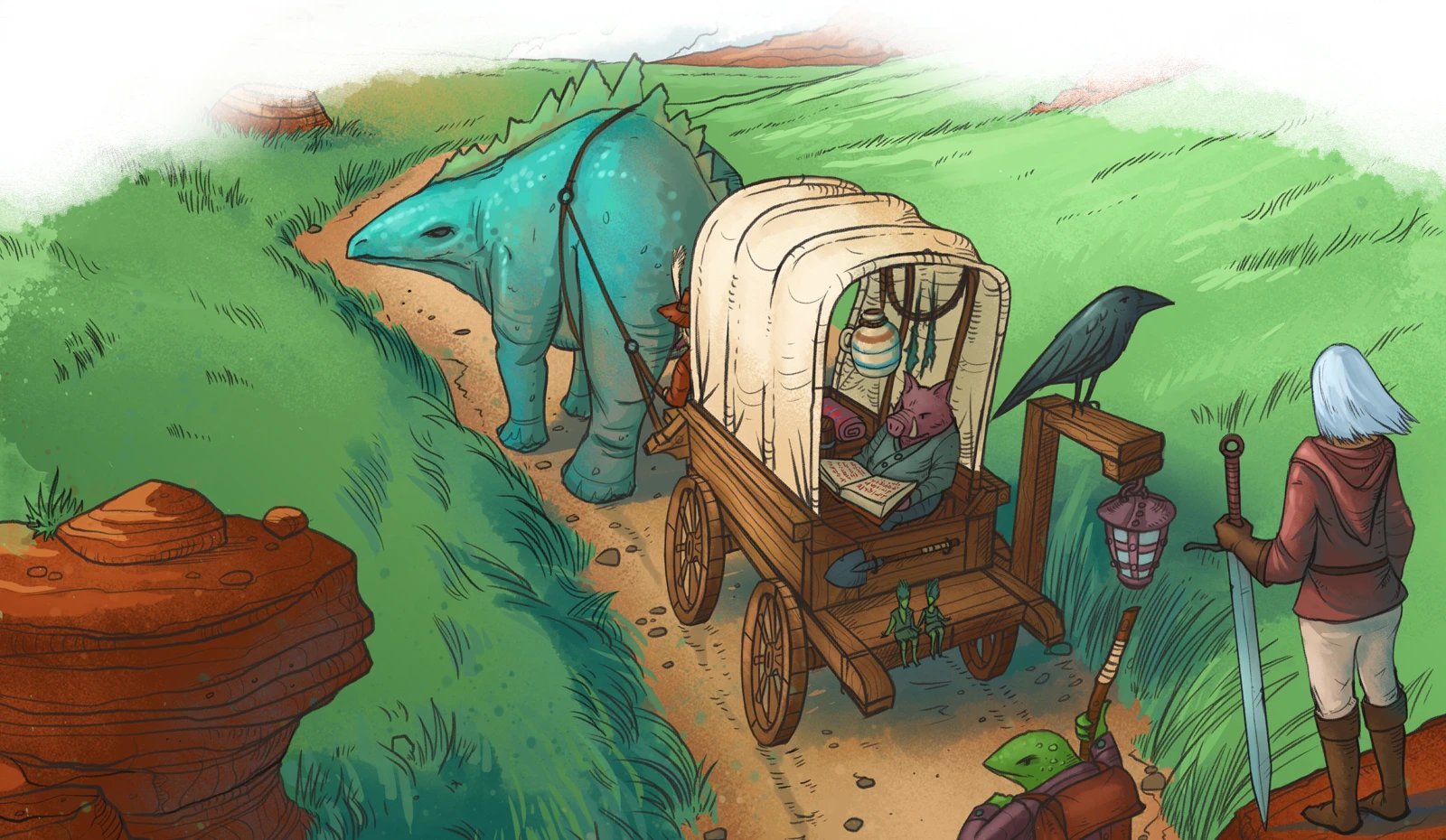 Fantasy illustration of a dinosaur pulling a merchant wagon through a green valley landscape.