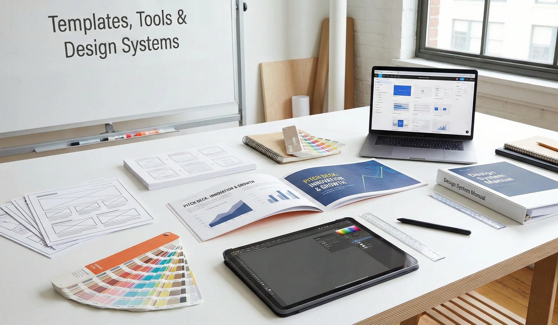 A professional workspace featuring digital and physical tools, manuals, and templates for building d