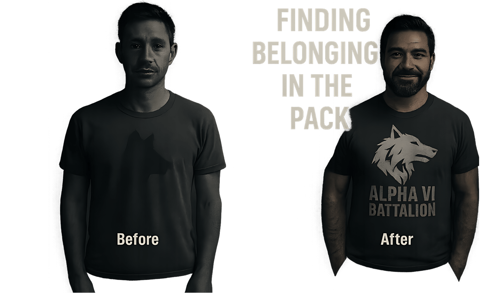 Before and after military transition graphic showing veteran finding belonging in patriotic apparel 