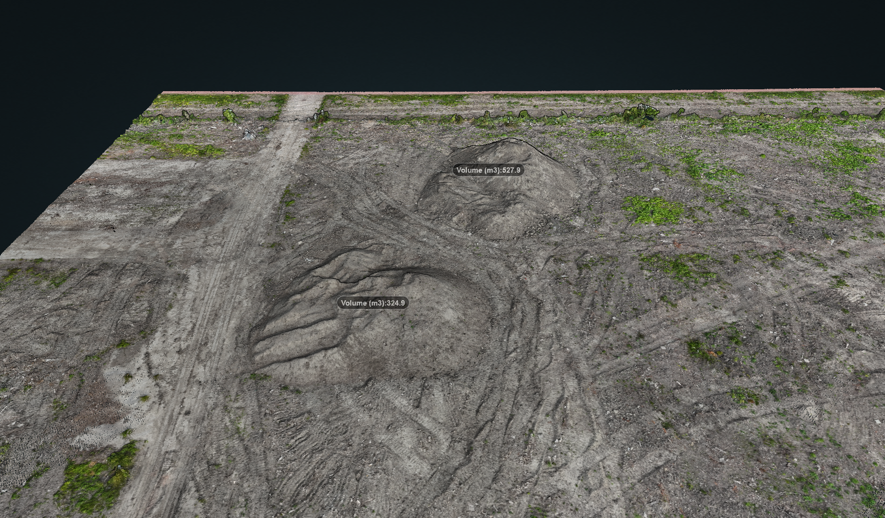 Aerial stockpile measurement with volume annotations — drone mapping for earthworks quantity documen