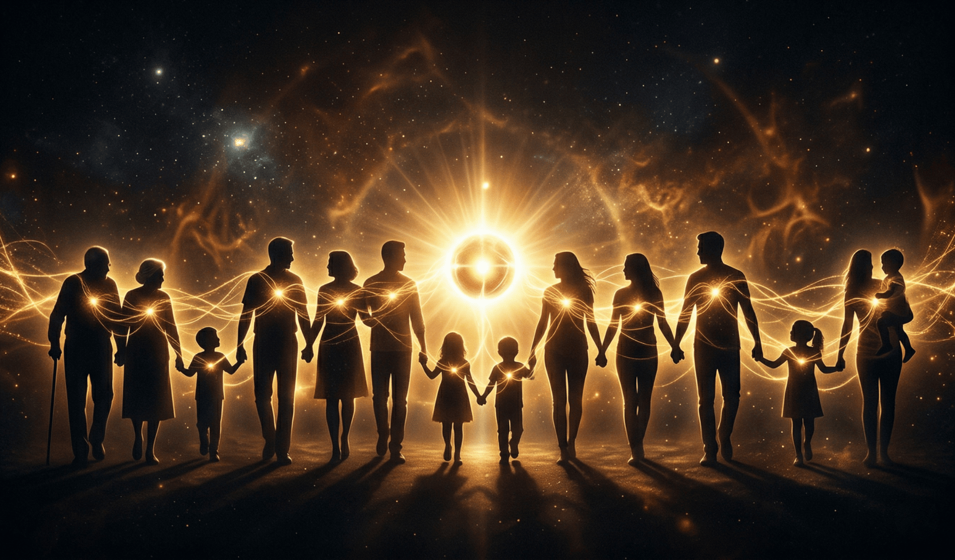 Silhouettes of a multi-generational family connected by glowing light energy in a cosmic space.