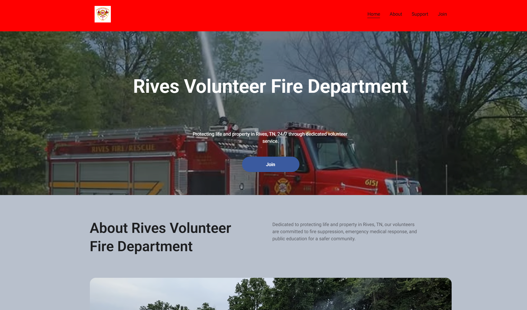 Rives Volunteer Fire Department website showing a red fire engine and department mission statement.