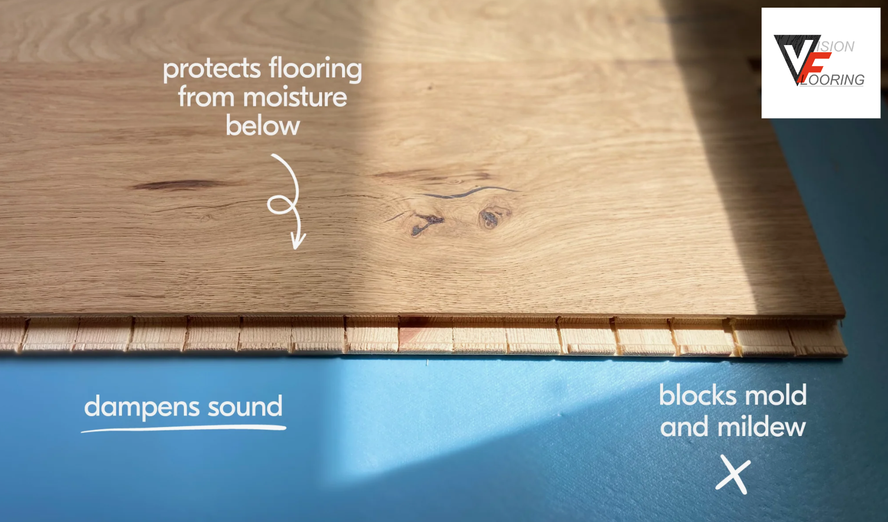 Benefits of having an underlayment for hardwood or LVP flooring. Dampens sound, protects from moisture, blocks mold.