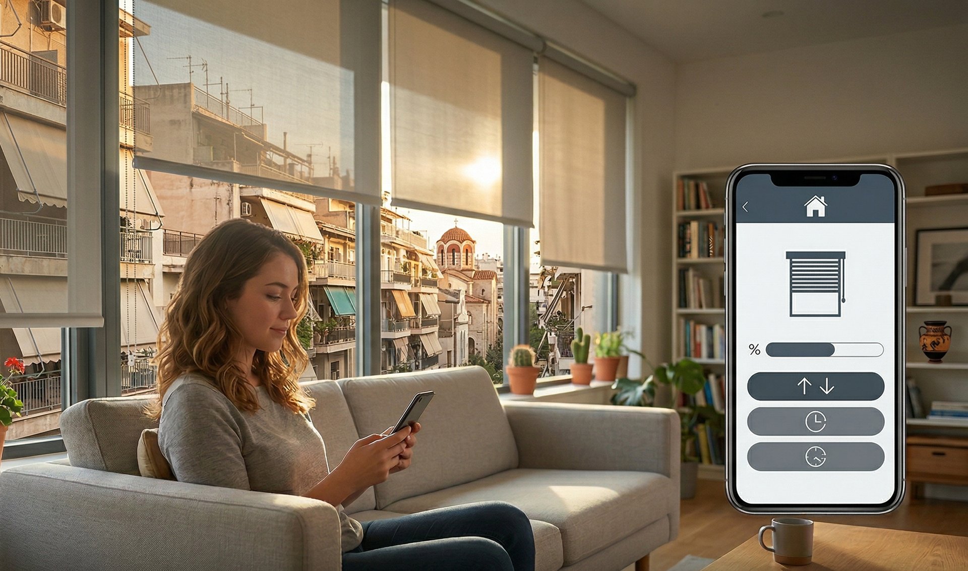 A woman controls smart blinds in her living room with a smartphone app, showcasing home automation and smart window