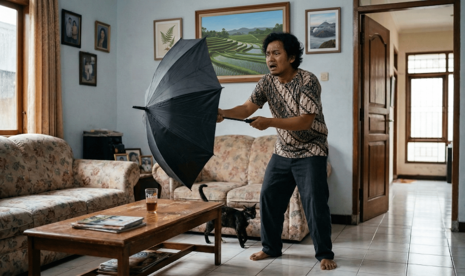 Takut membuka payung dalam ruangan