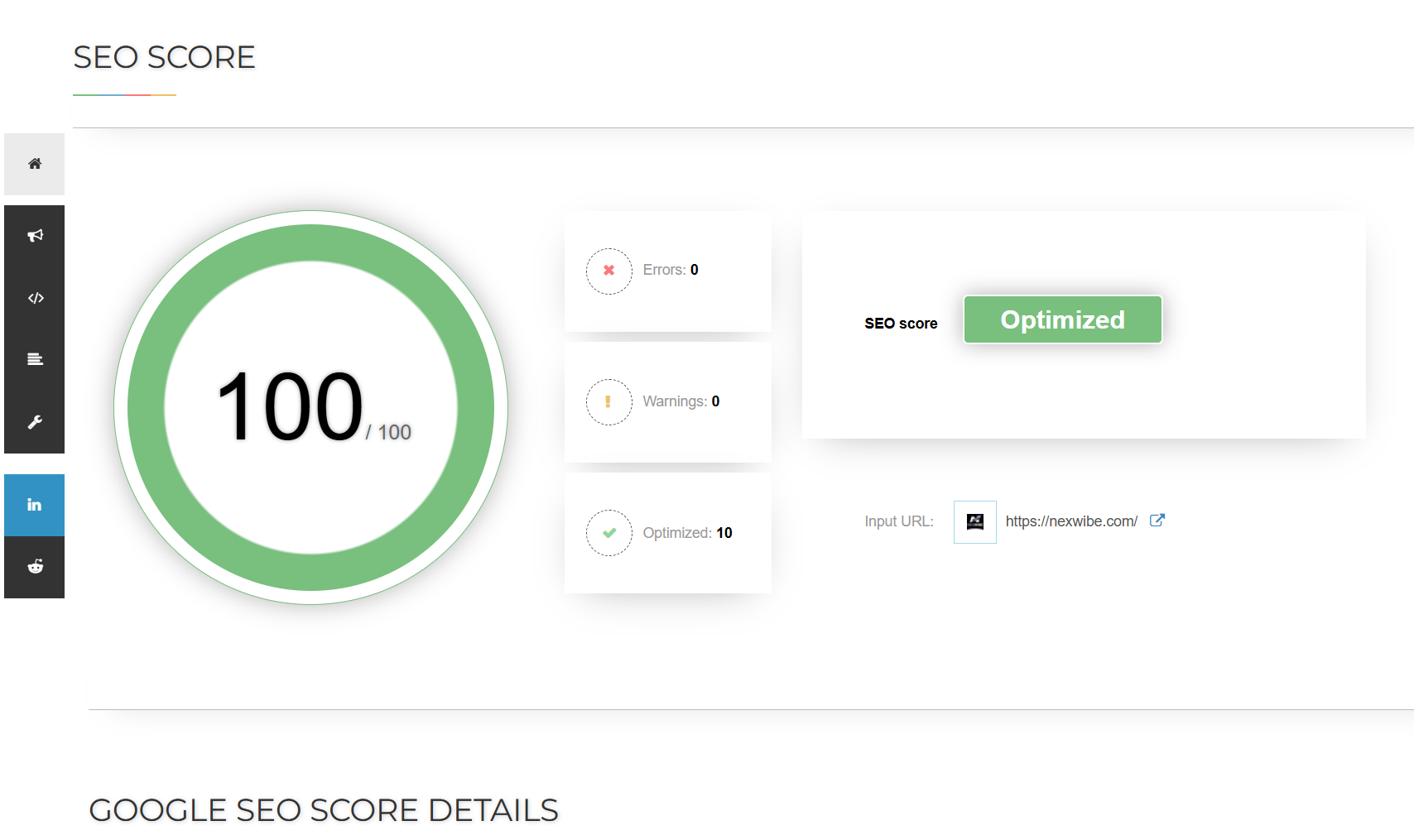 The real SEO score of Nexwibe website from Google seo checker.