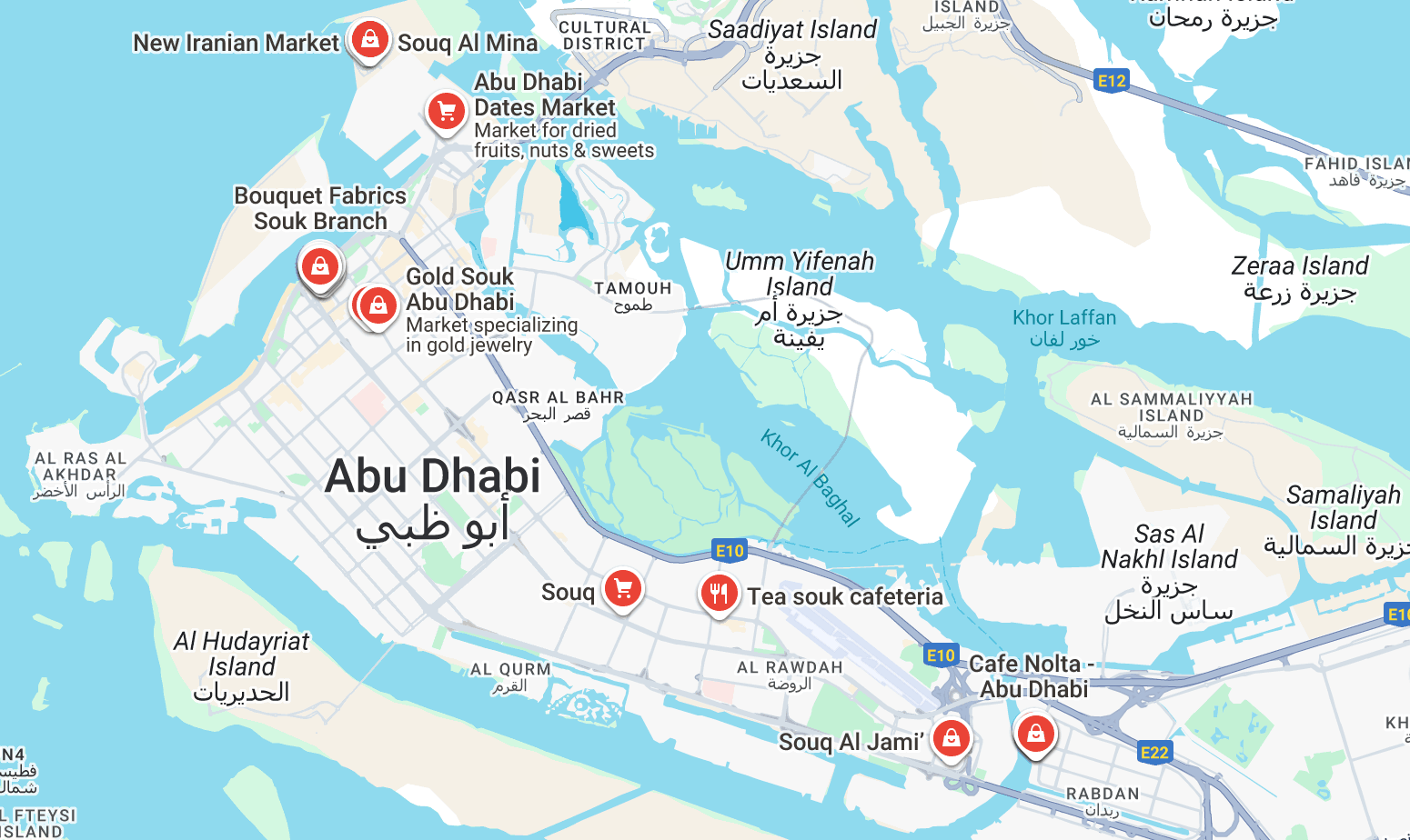 Kaart van Abu Dhabi met locaties van souks | souqs