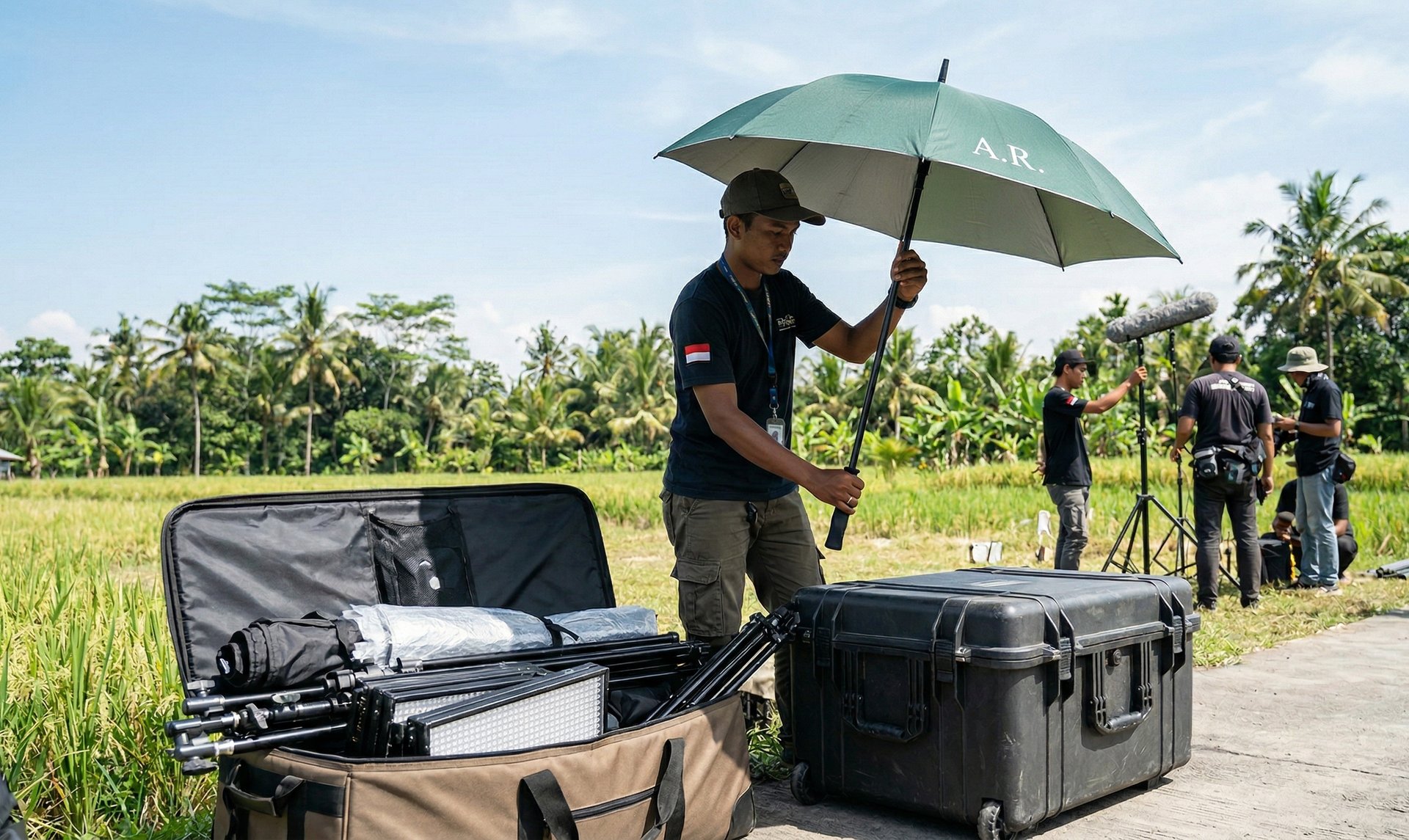 Pria memayungi peralatan kamera film