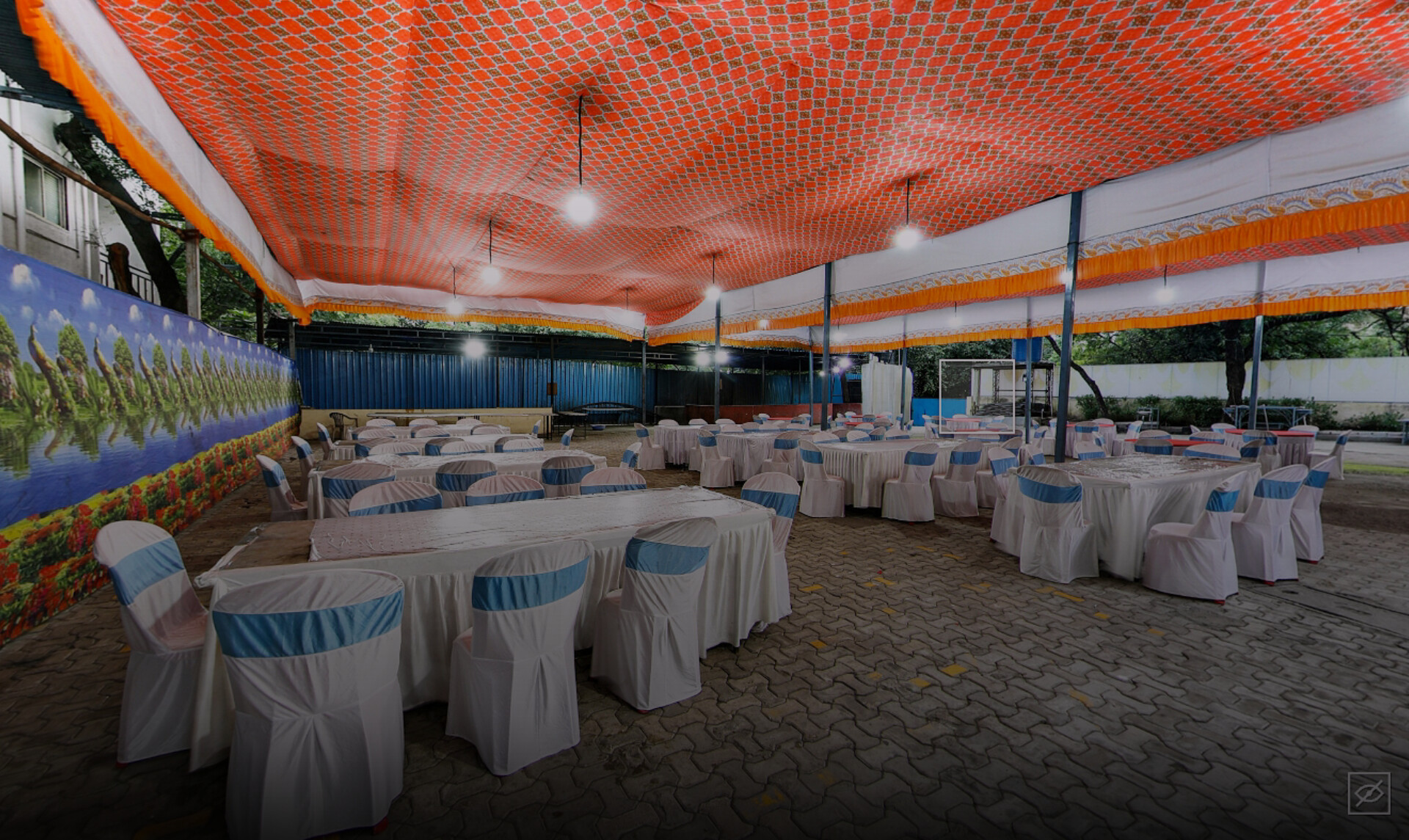 Elegant guest seating and dining tables at Omkar Garden Mangal Karyalaya, Kondhwa Pune 