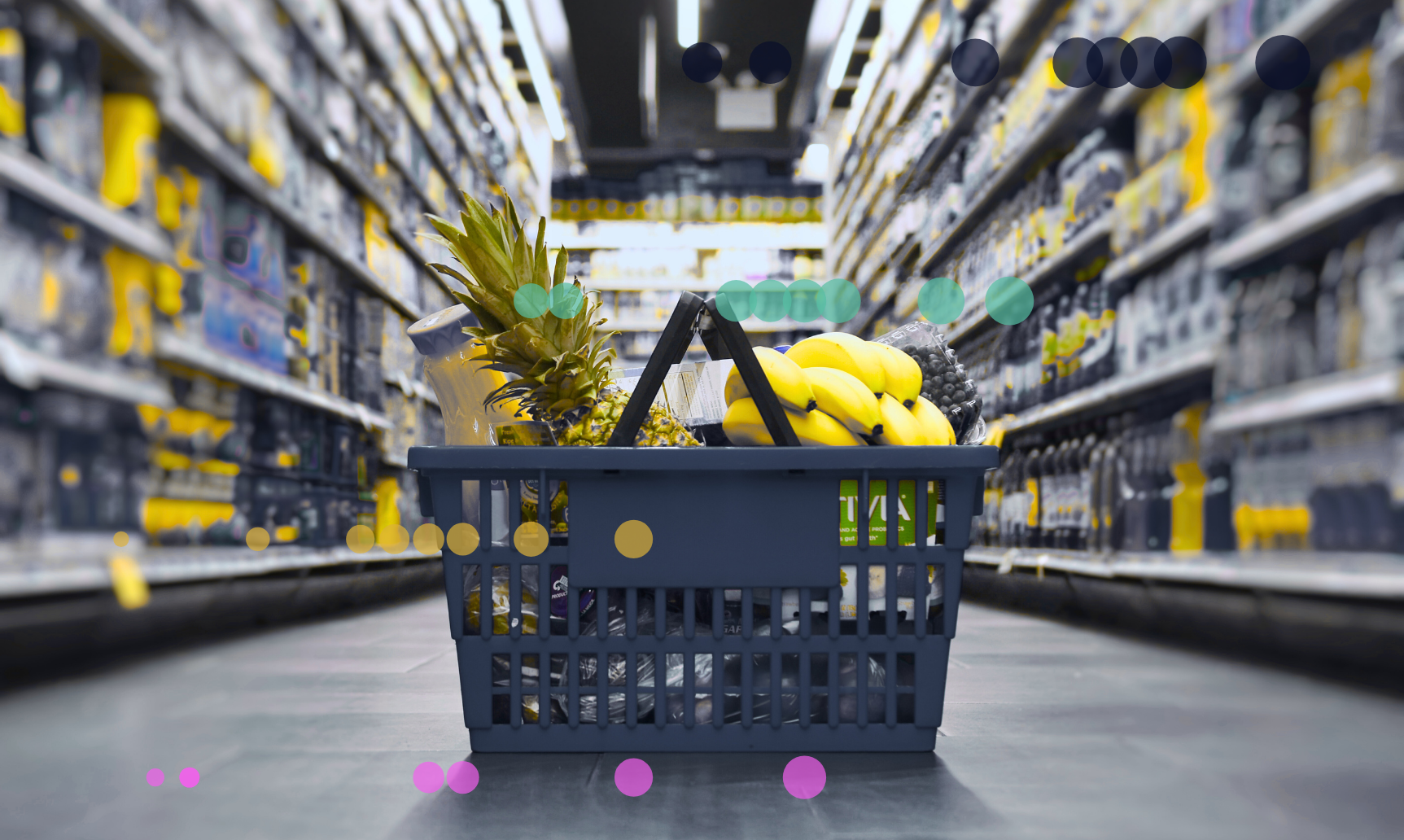 Image of data over a shopping basket to symbolise AI in Retail