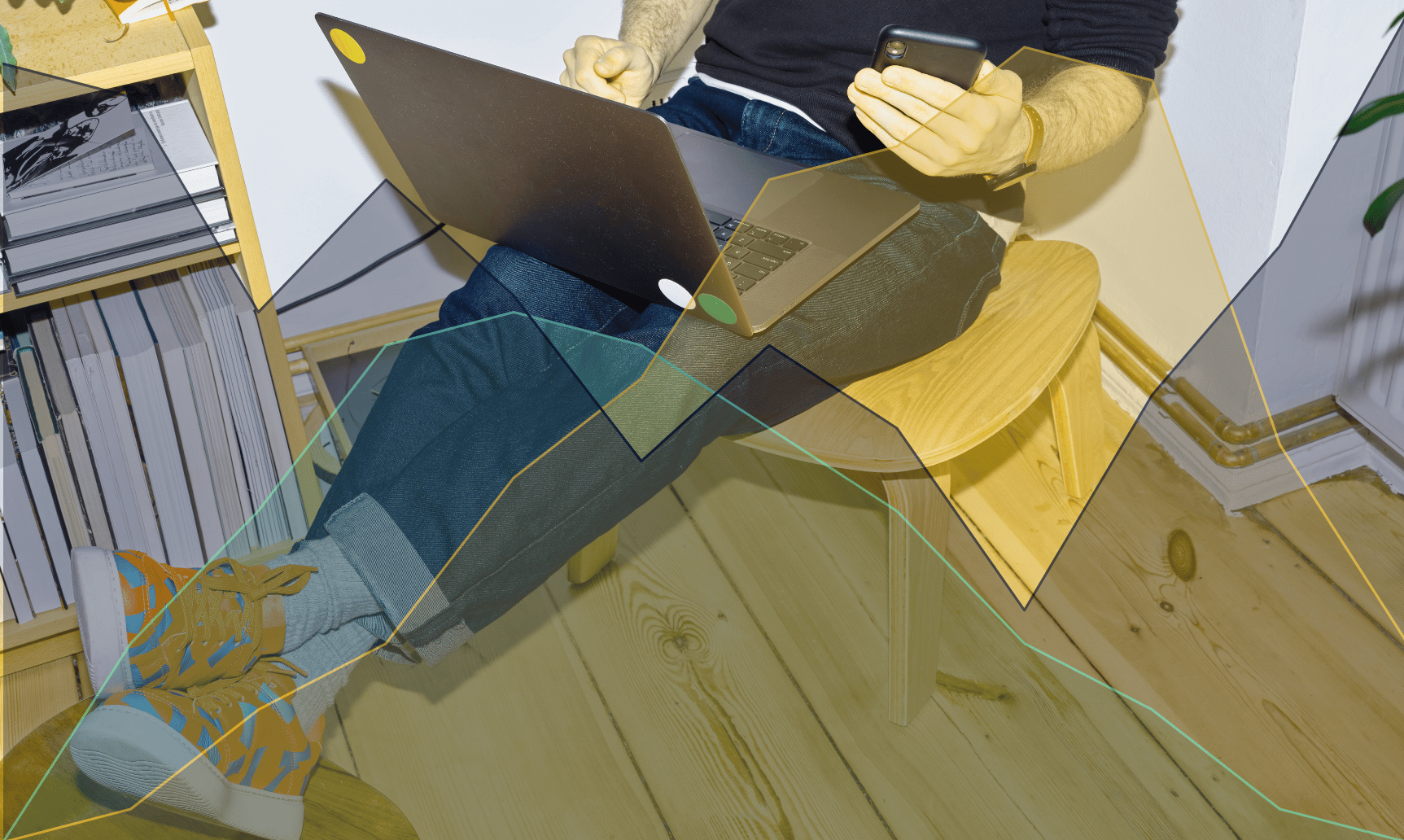 Image of man sitting with chart overlayed symboling AI strategy for AI in retail