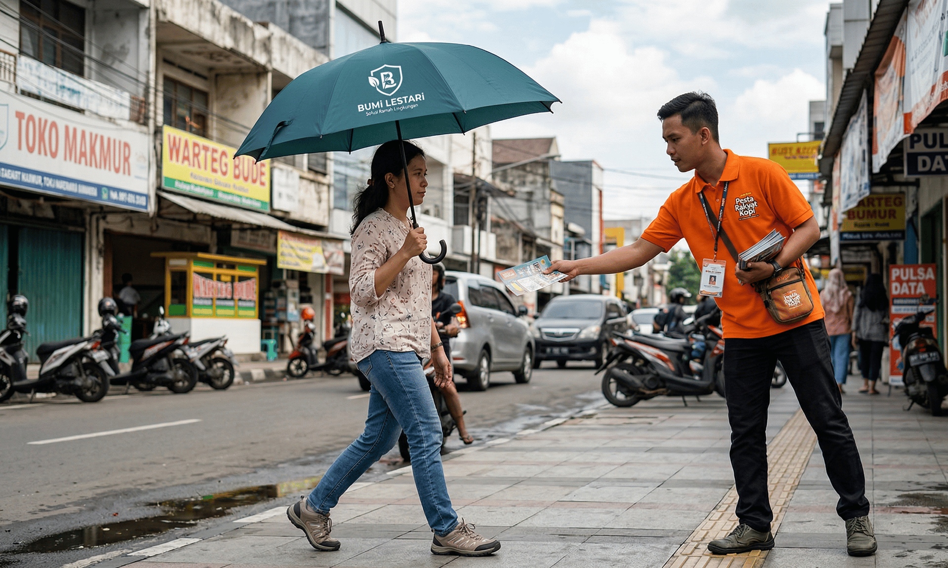 Pembagian brosur ke pengguna payung promosi