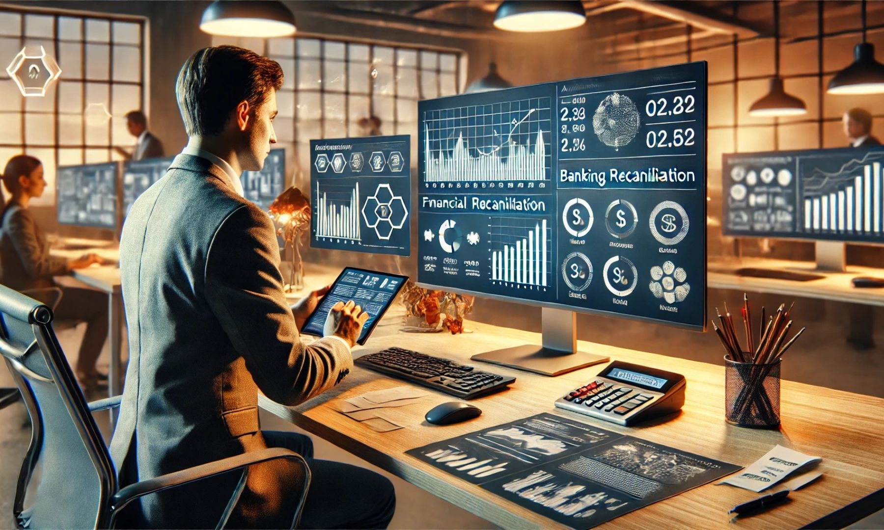 Homem olhando par gráficos de conciliação bancária na tela