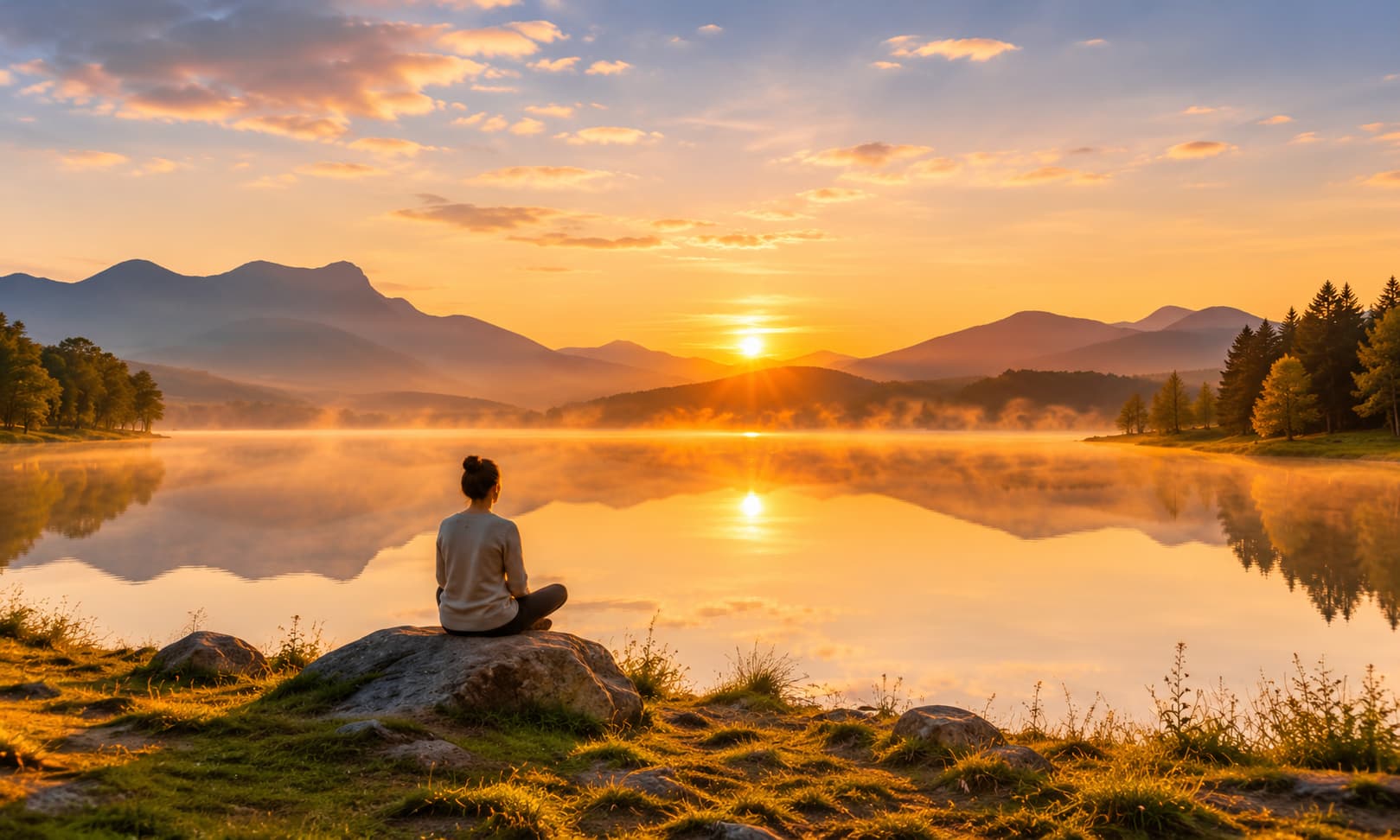 Pessoa em silêncio contemplando um lago ao amanhecer, simbolizando paz interior e bem-estar