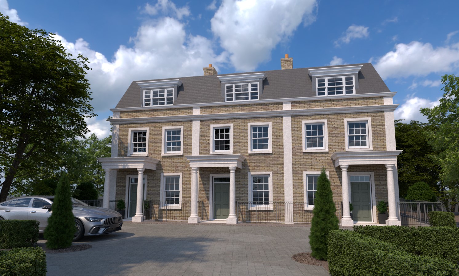 Luxury three-story brick townhouse with Georgian architecture, white columns. Residential 