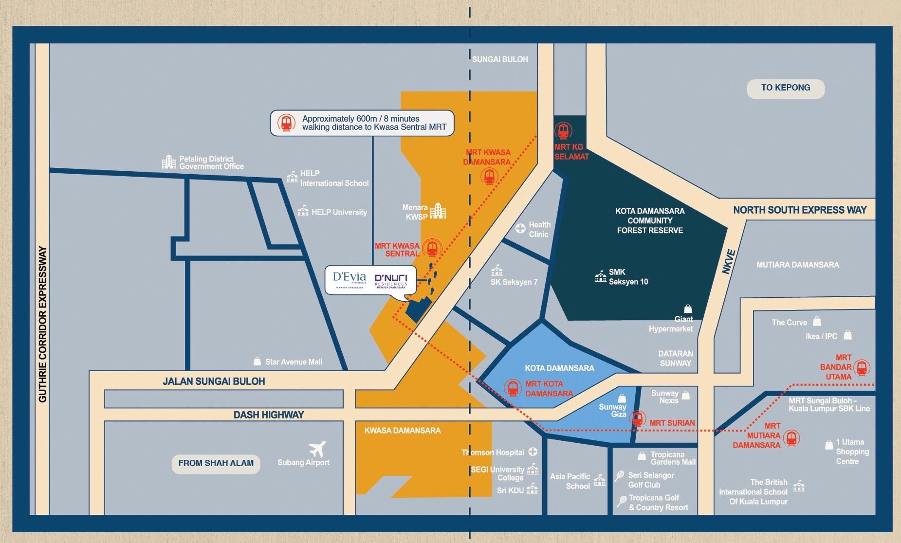 Location map of D'Evia showing proximity to Kwasa Sentral MRT station and DASH Highway.