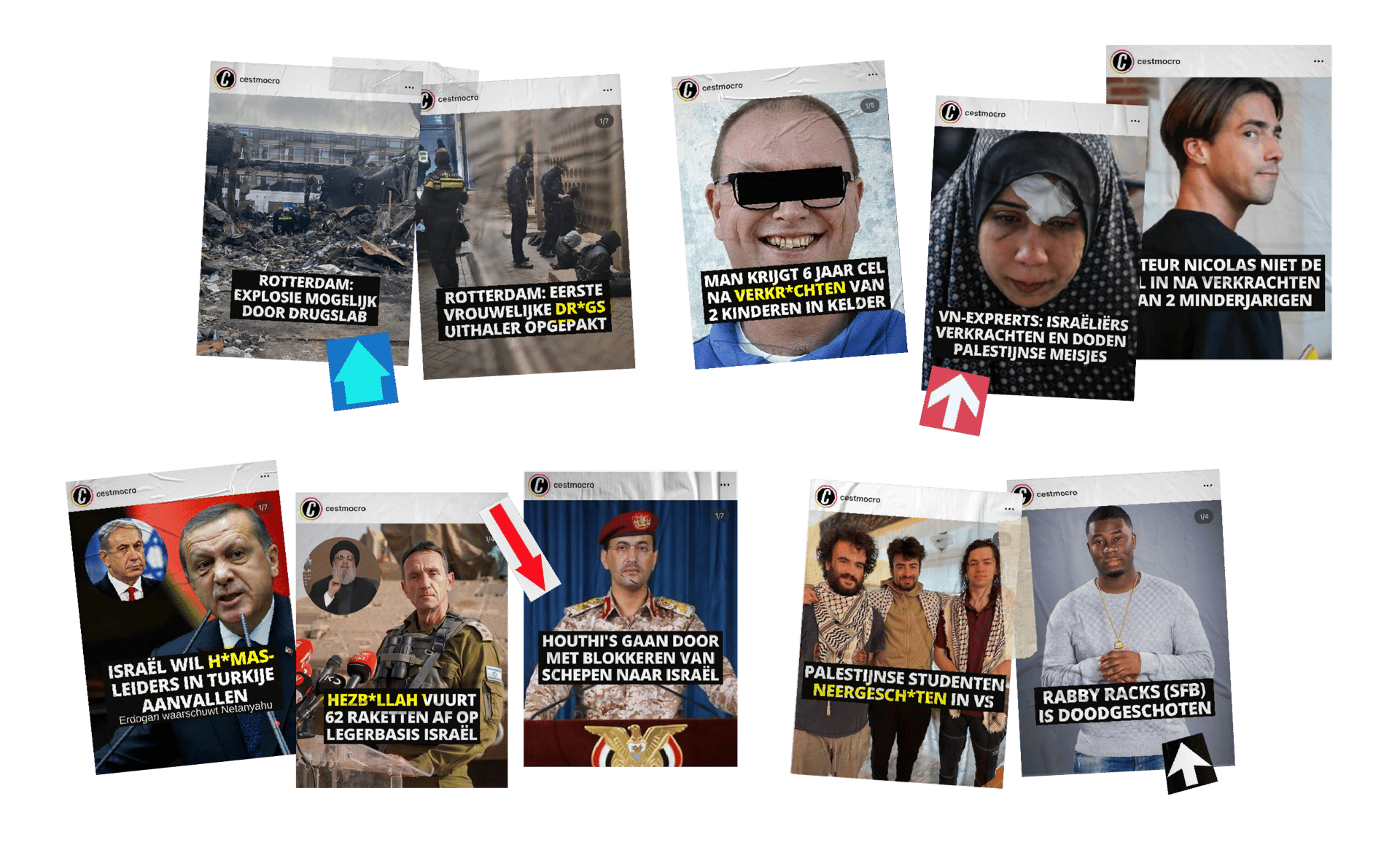 Collage van nieuwsberichten met inconsistente toepassing van censuur