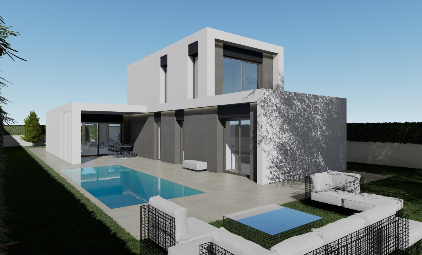 a modern house with a pool and a lounge area
