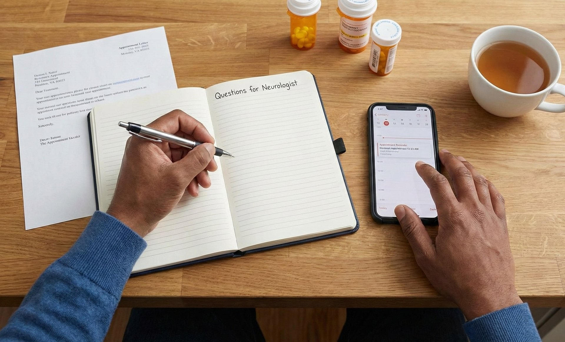 A top-down photograph captures a person's hands on a wooden table. One hand holds a pen over a notebook