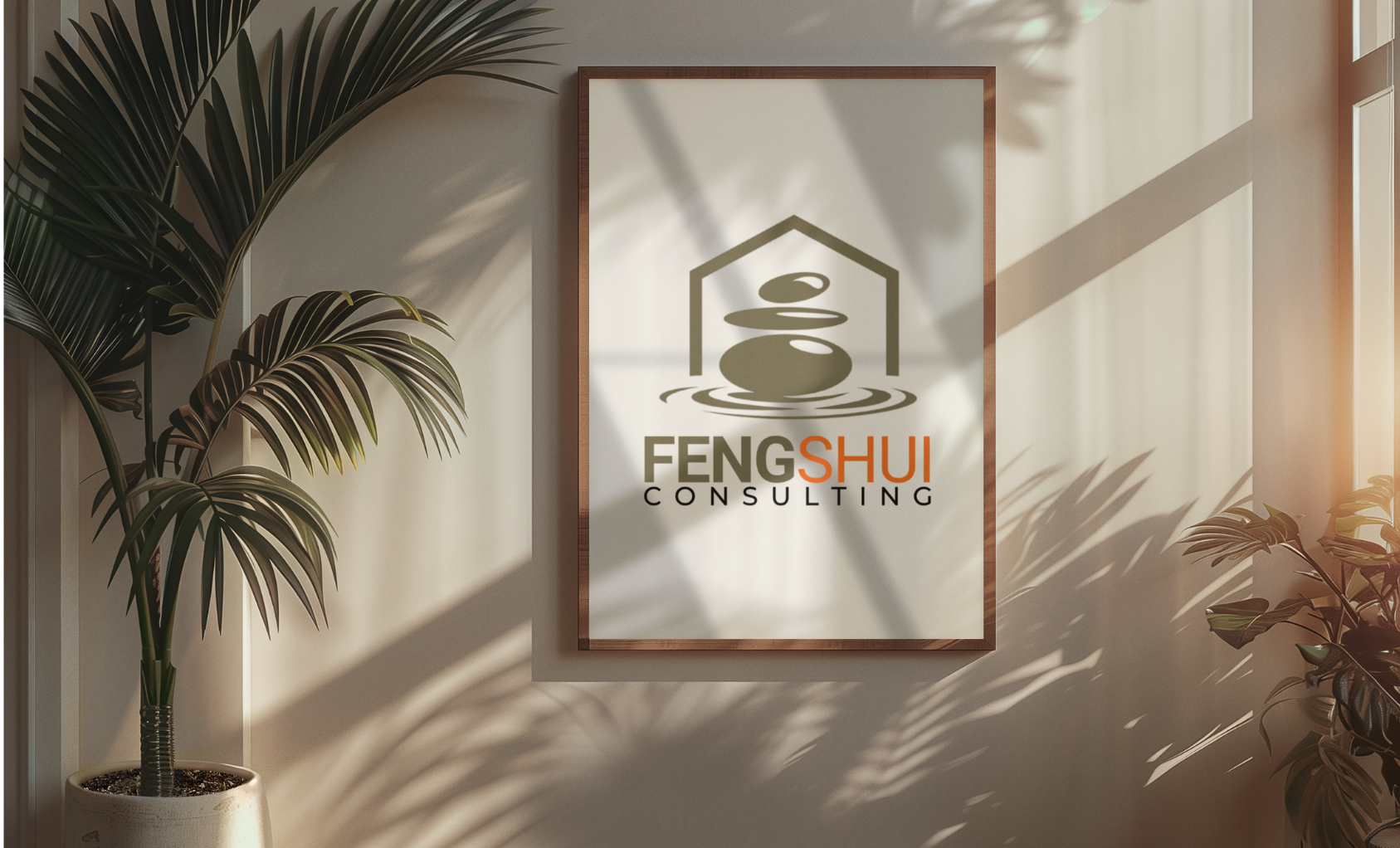 Affiche du logo d'un logo de décorateur feng shui sur un mur avec des plantes d'intérieurs