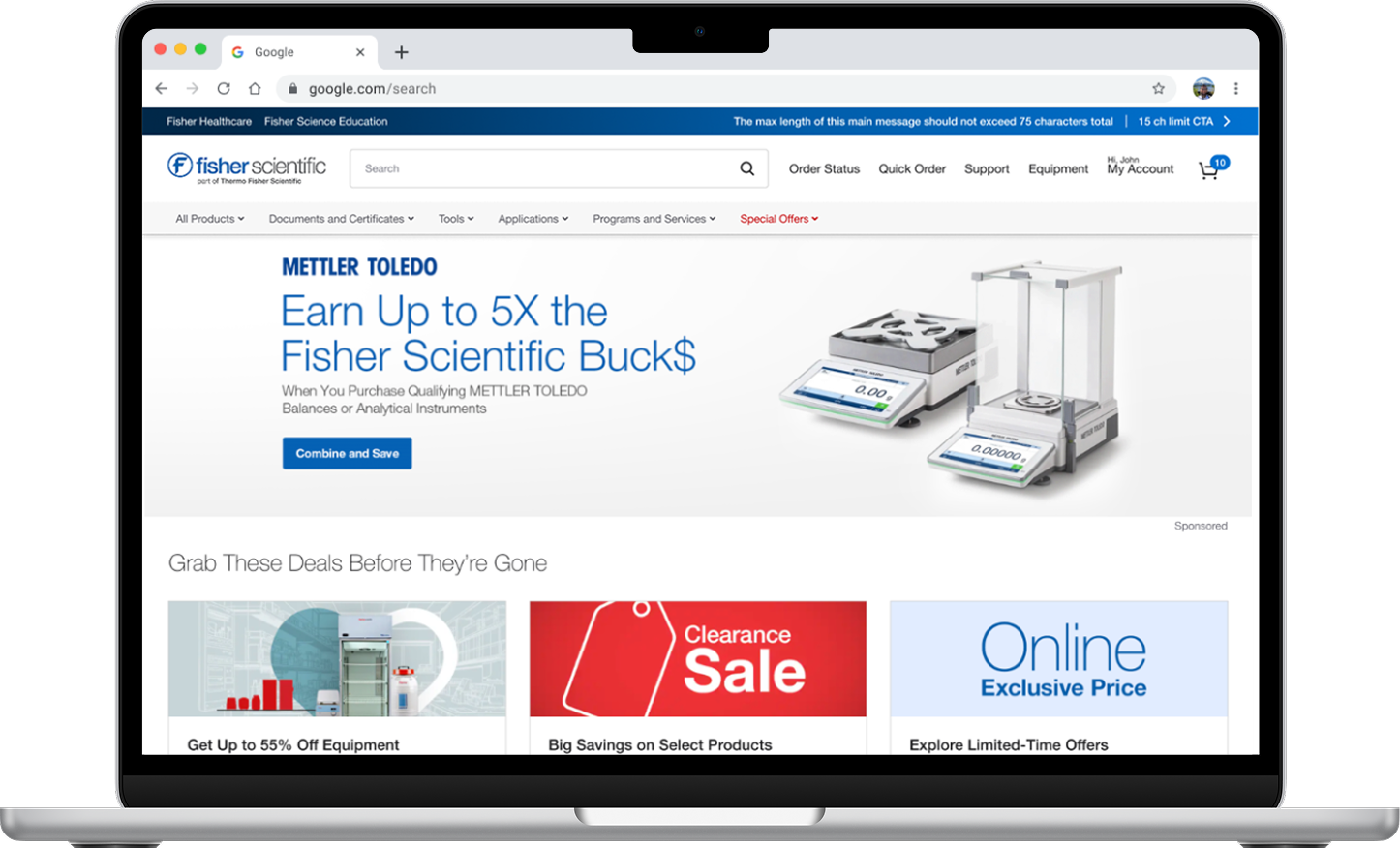 Fisher Scientific website on a laptop screen featuring Mettler Toledo laboratory balances and clearance sale deals.